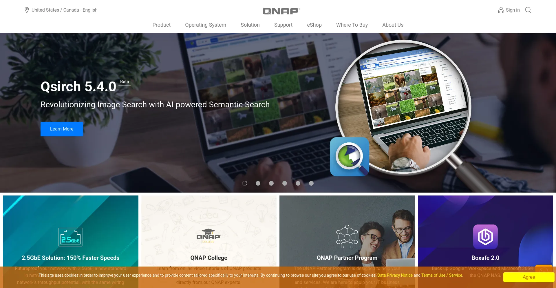 Screenshot of qnap.com homepage