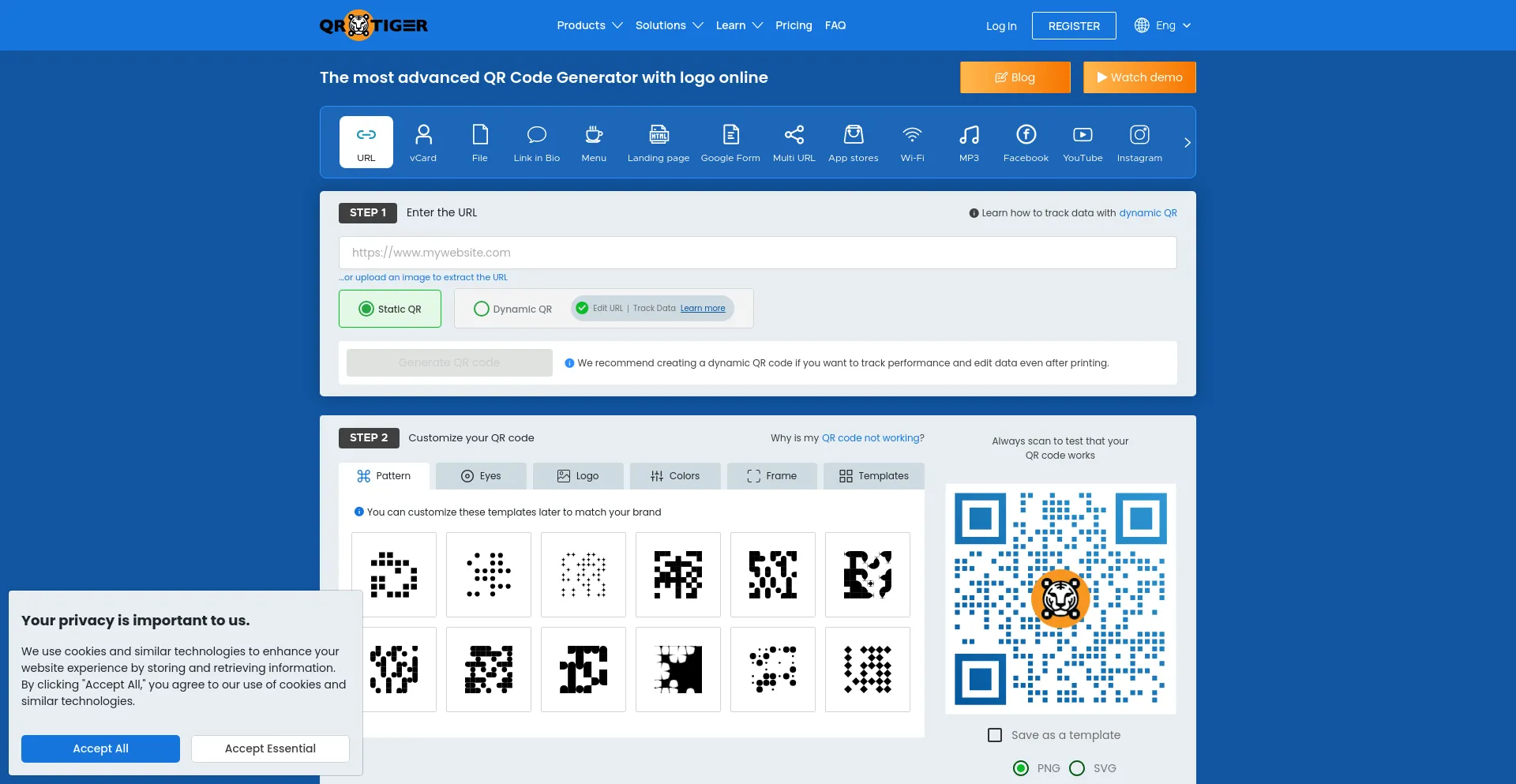 Screenshot of qrcode-tiger.com homepage