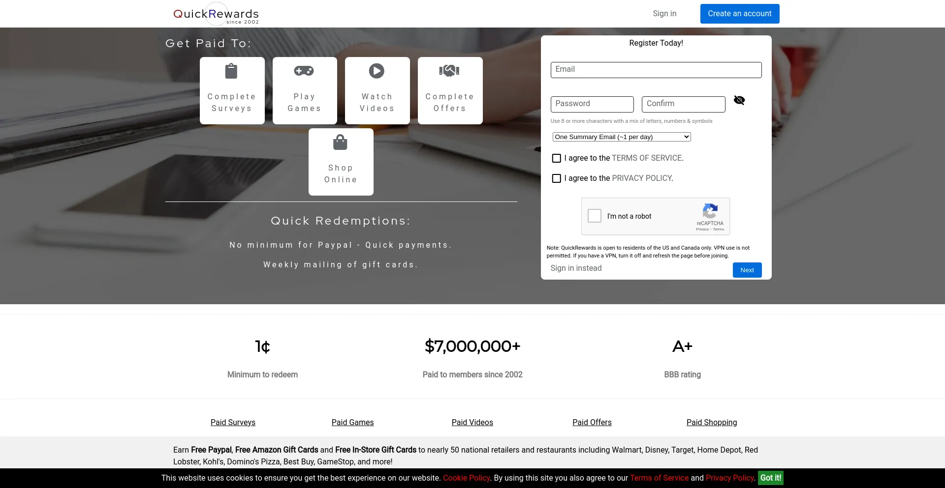 Screenshot of quickrewards.com homepage