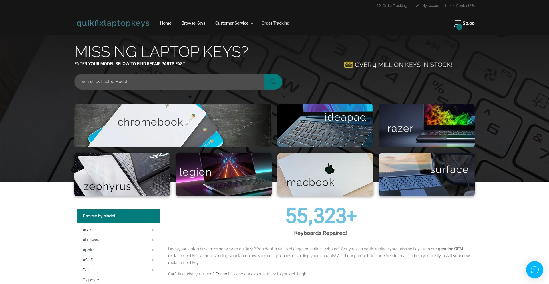 Screenshot of quikfixlaptopkeys.com homepage