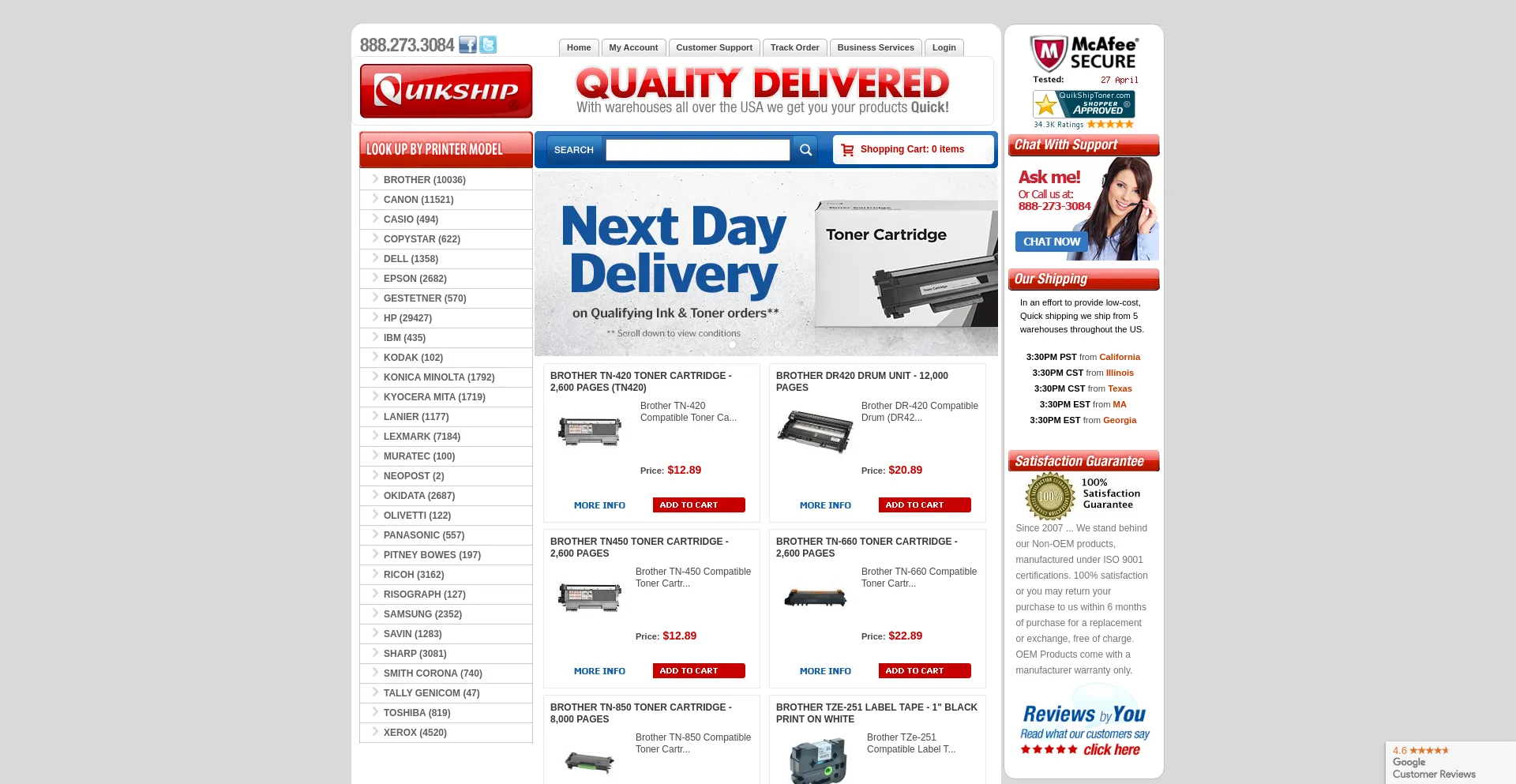 Screenshot of quikshiptoner.com homepage