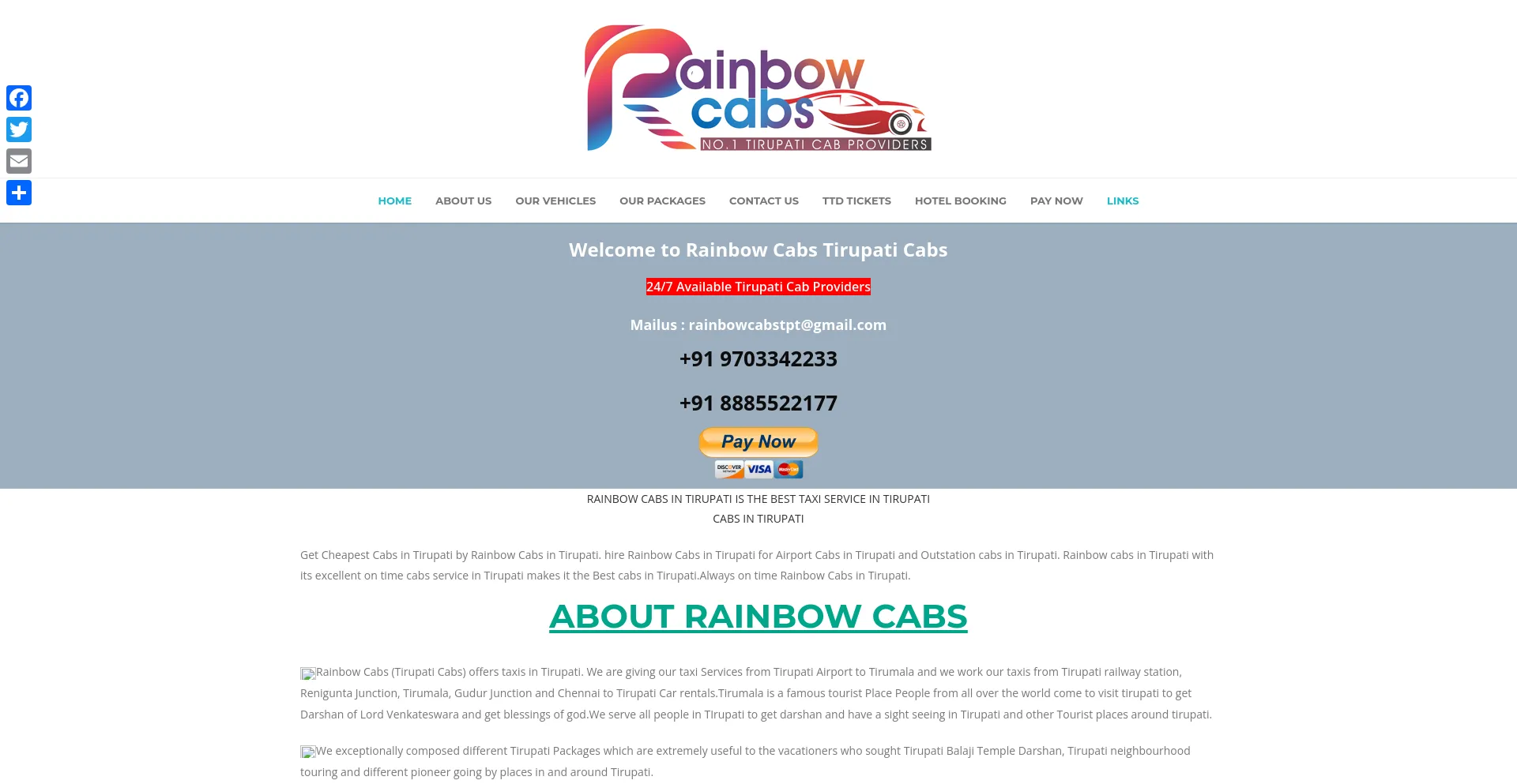 Screenshot of rainbowcabs.co.in homepage