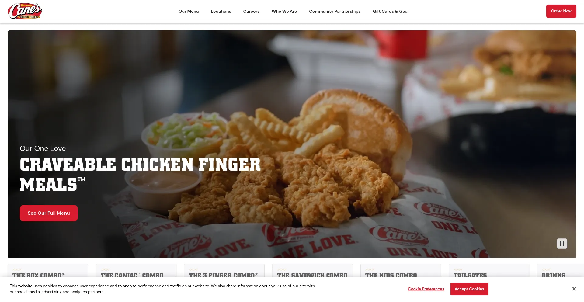 Screenshot of raisingcanes.com homepage