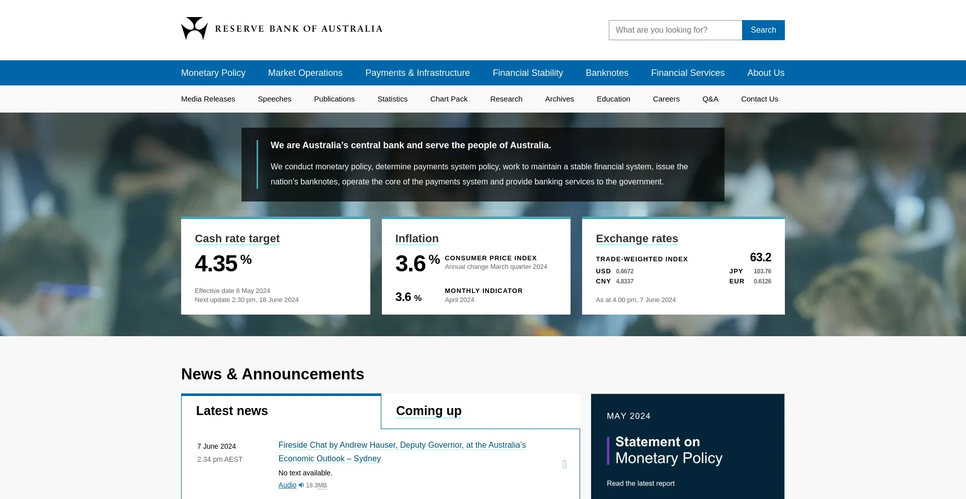 Screenshot of rba.gov.au homepage