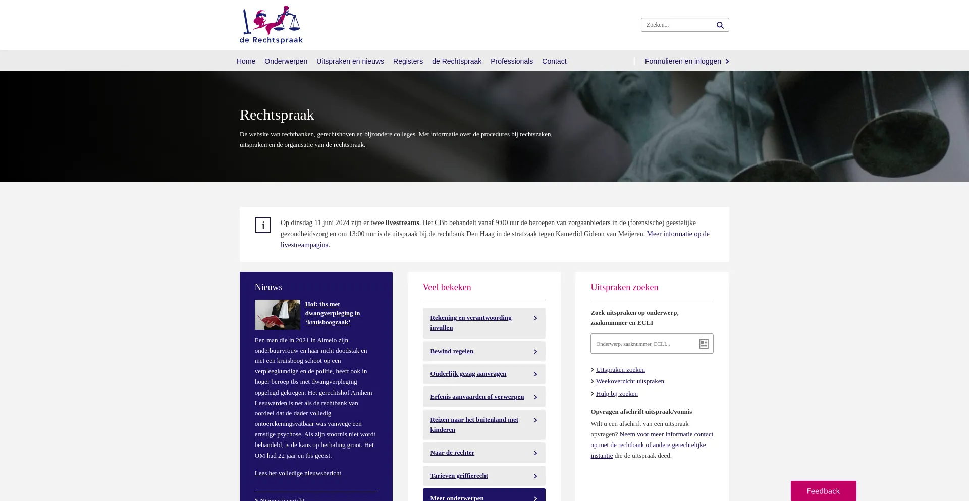 Screenshot of rechtspraak.nl homepage