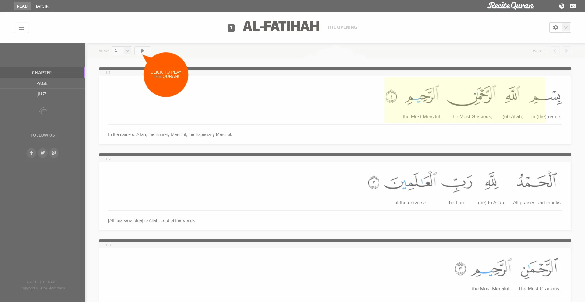 Screenshot of recitequran.com homepage