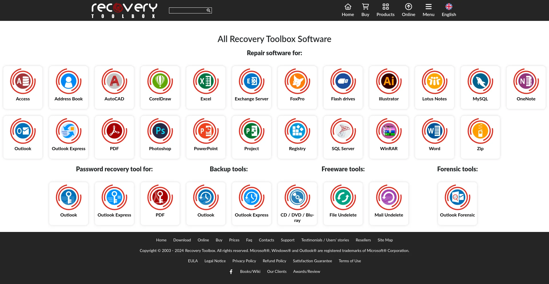 Screenshot of recoverytoolbox.com homepage