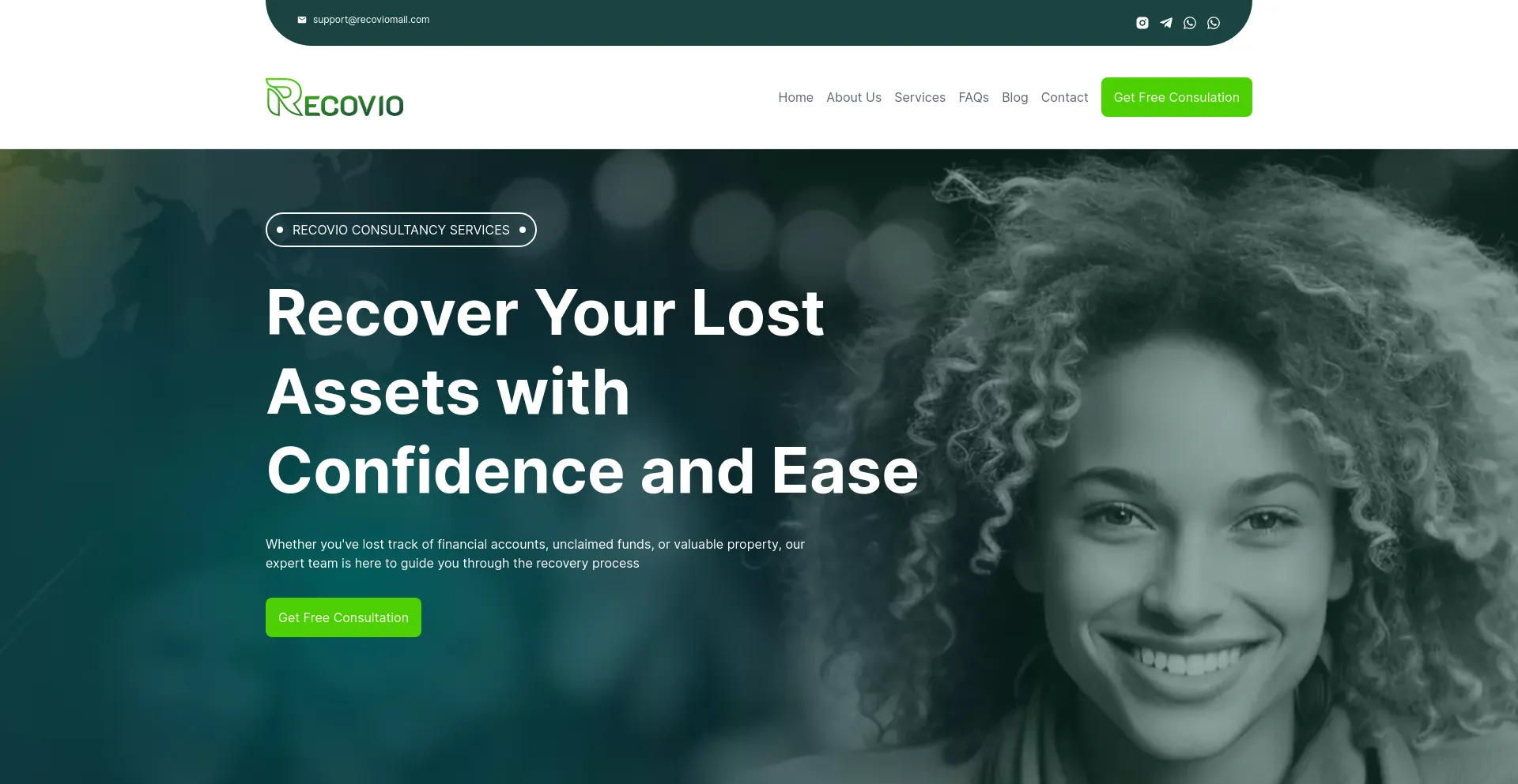 Screenshot of recovio.co homepage