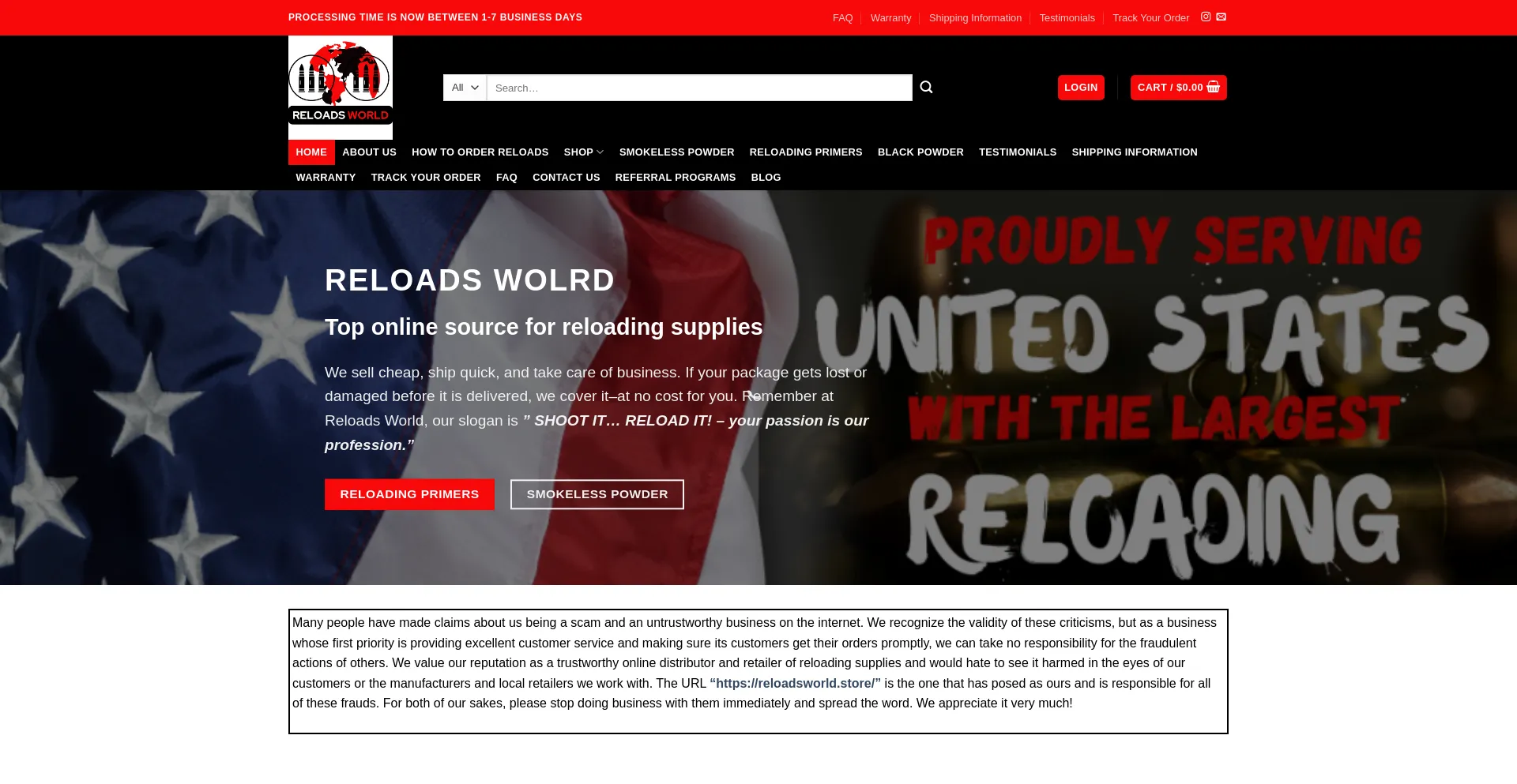 Screenshot of reloadsworld.com homepage