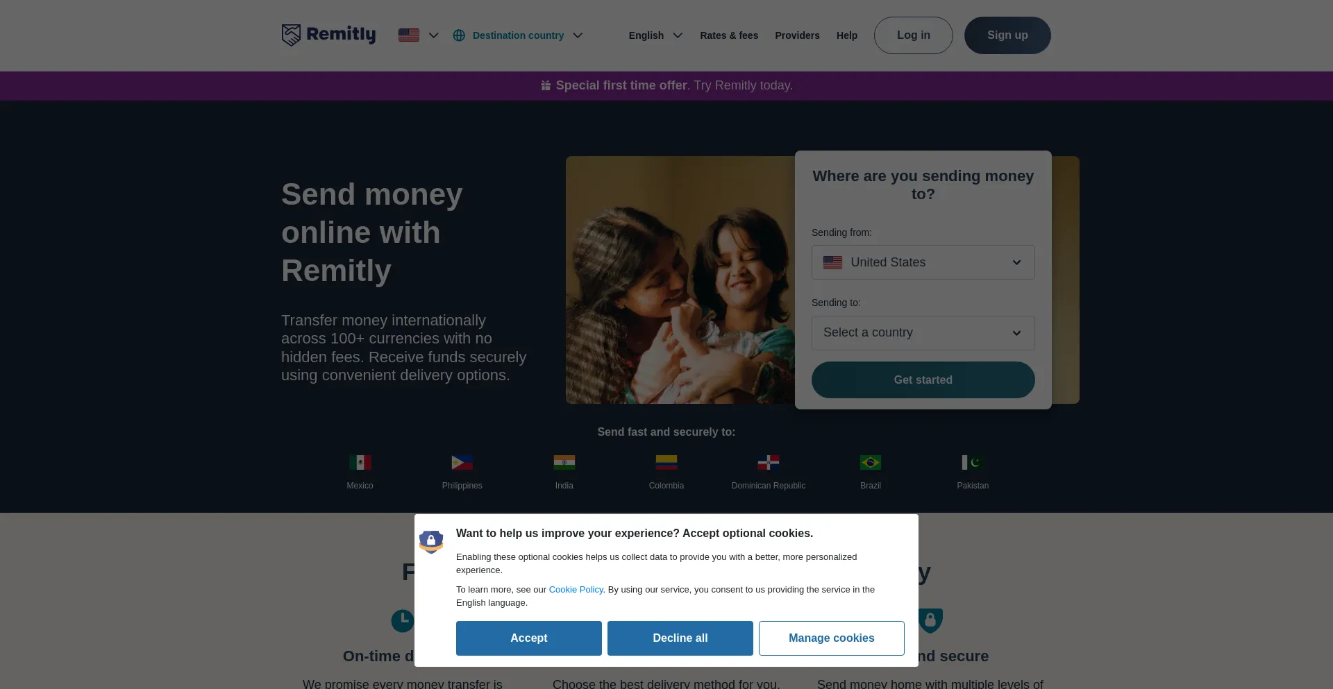 Screenshot of remitly.com homepage