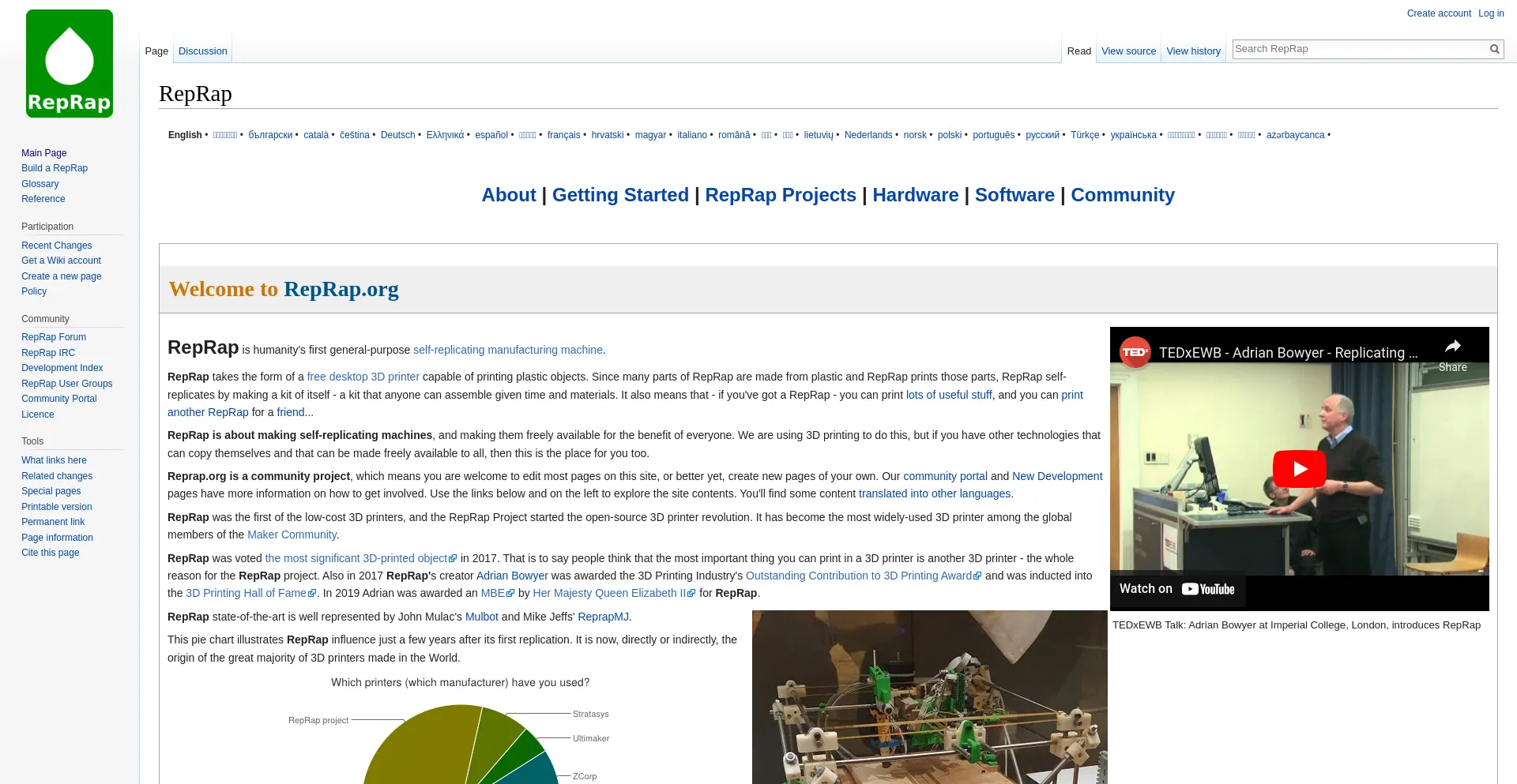 Screenshot of reprap.org homepage