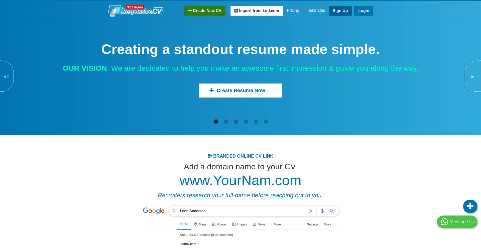 Screenshot of responsivecv.com homepage