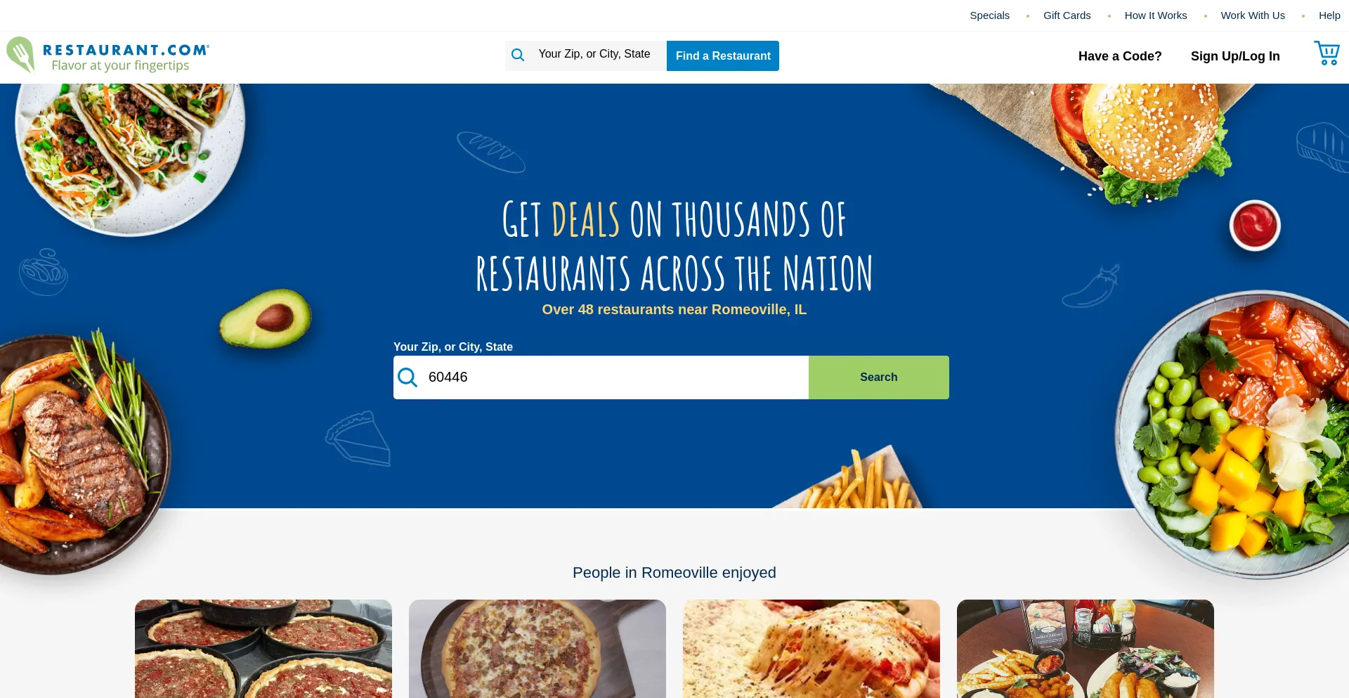 Screenshot of restaurant.com homepage