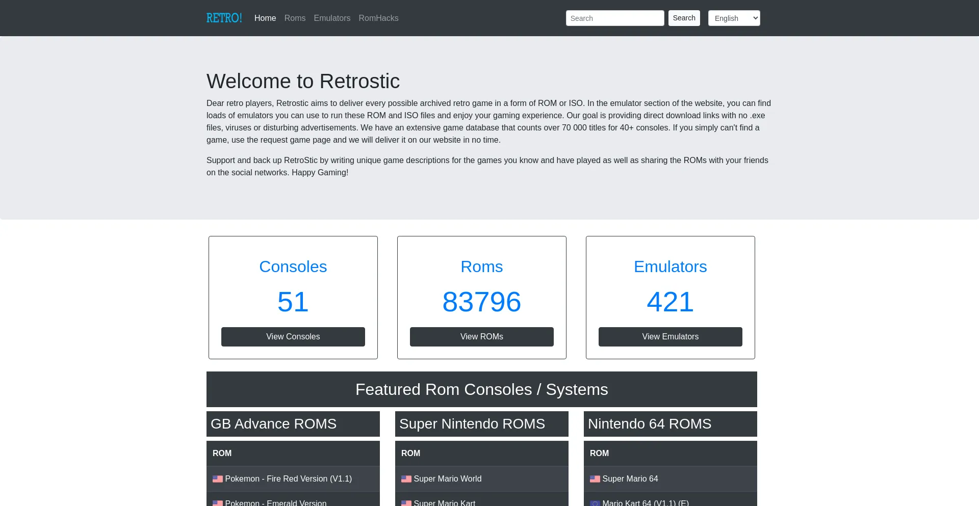 Screenshot of retrostic.com homepage