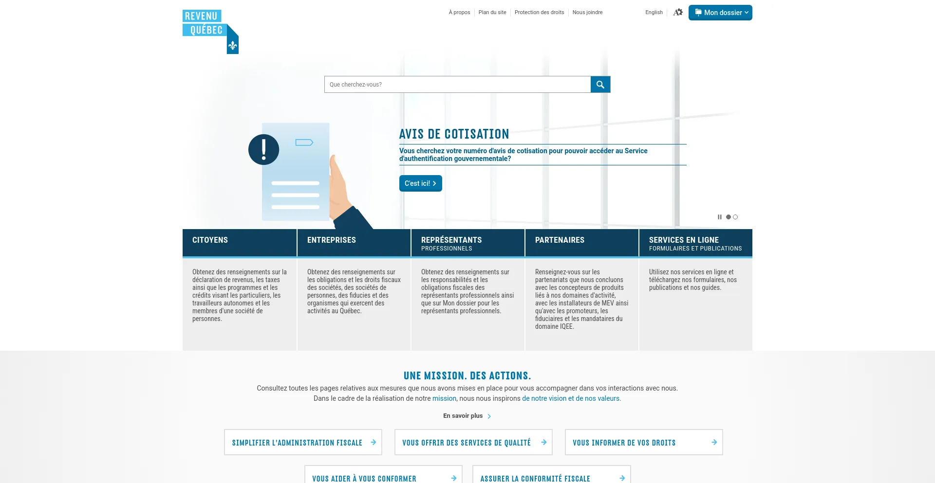 Screenshot of revenuquebec.ca homepage