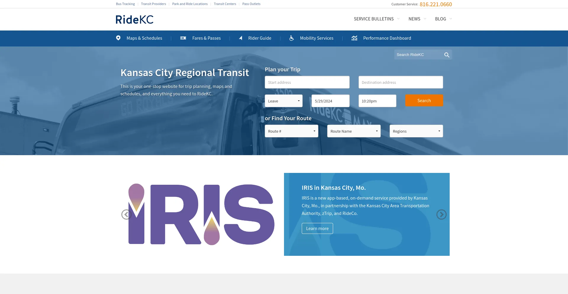 Screenshot of ridekc.org homepage