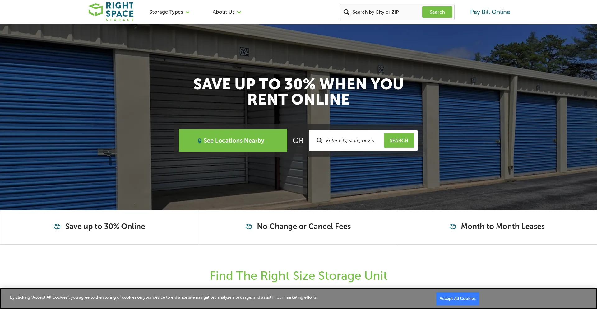 Screenshot of rightspacestorage.com homepage