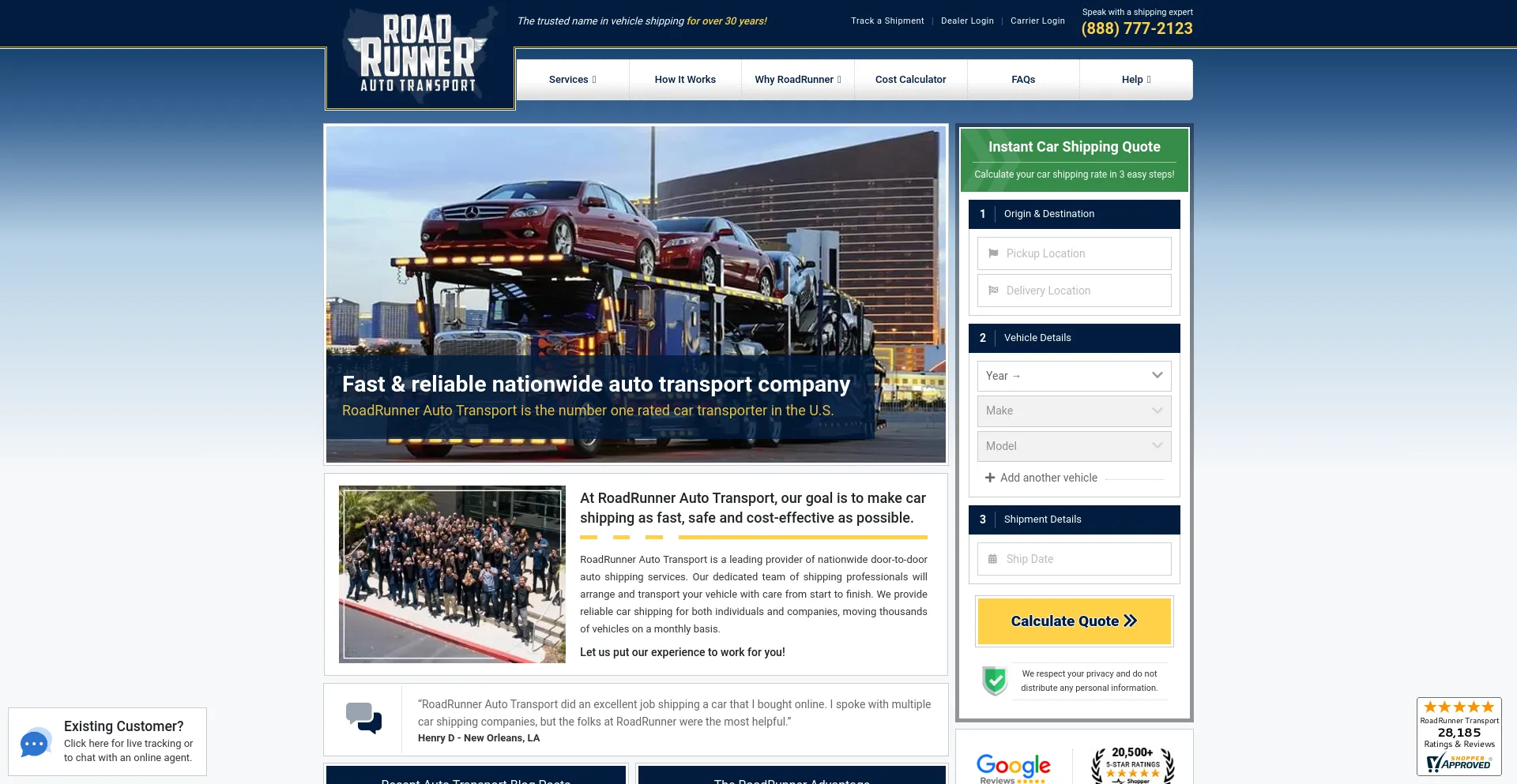 Screenshot of roadrunnerautotransport.com homepage