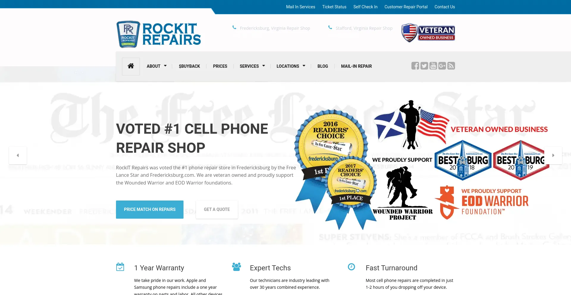 Screenshot of rockitrepairs.com homepage