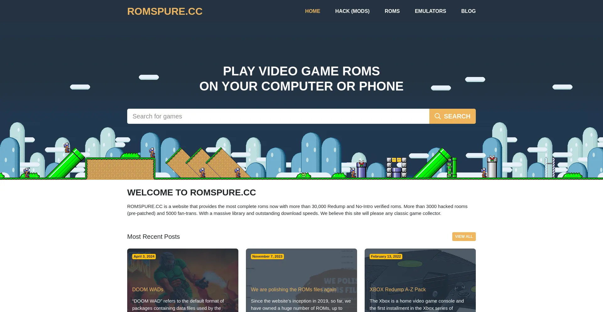 Screenshot of romspure.cc homepage