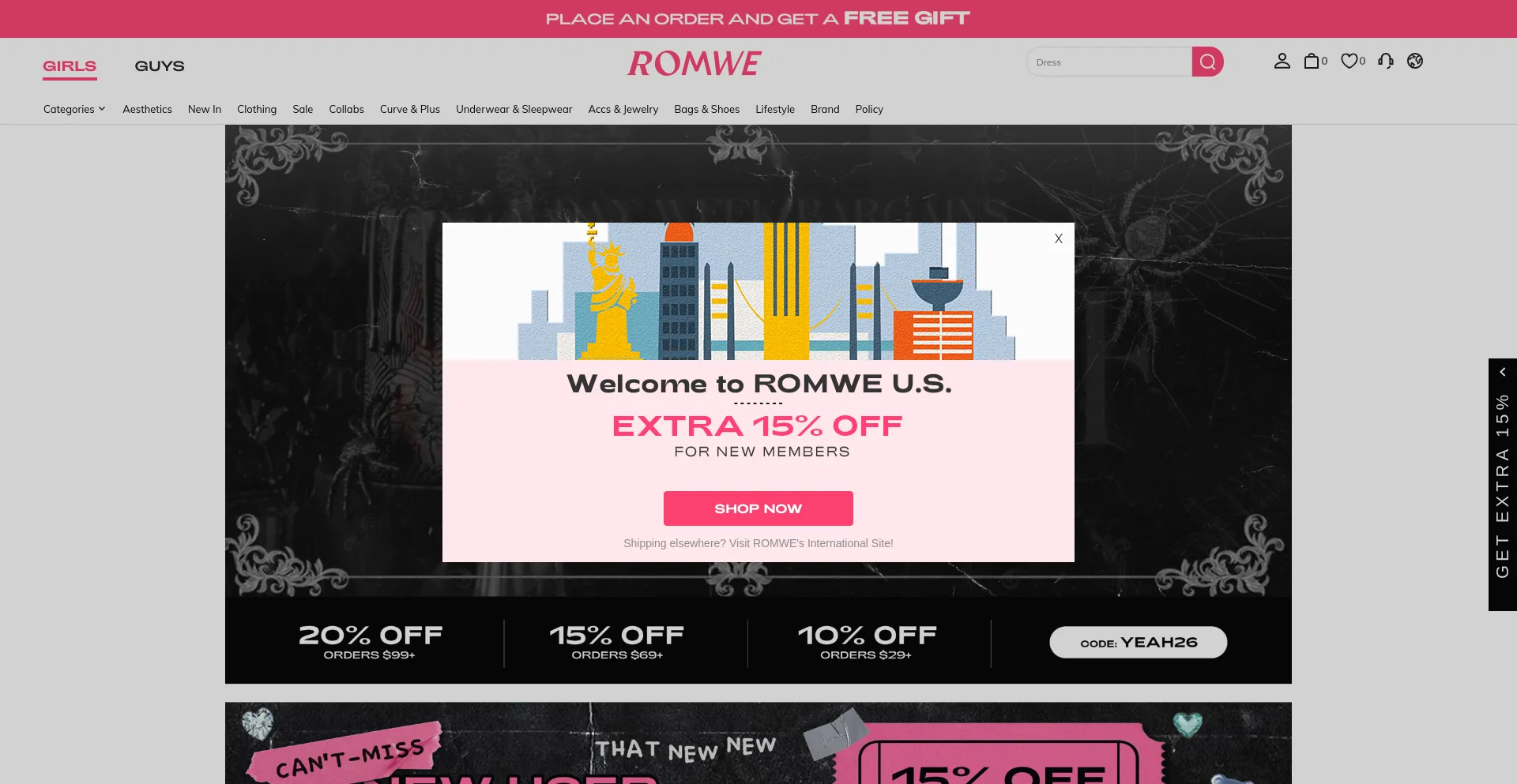 Screenshot of romwe.com homepage