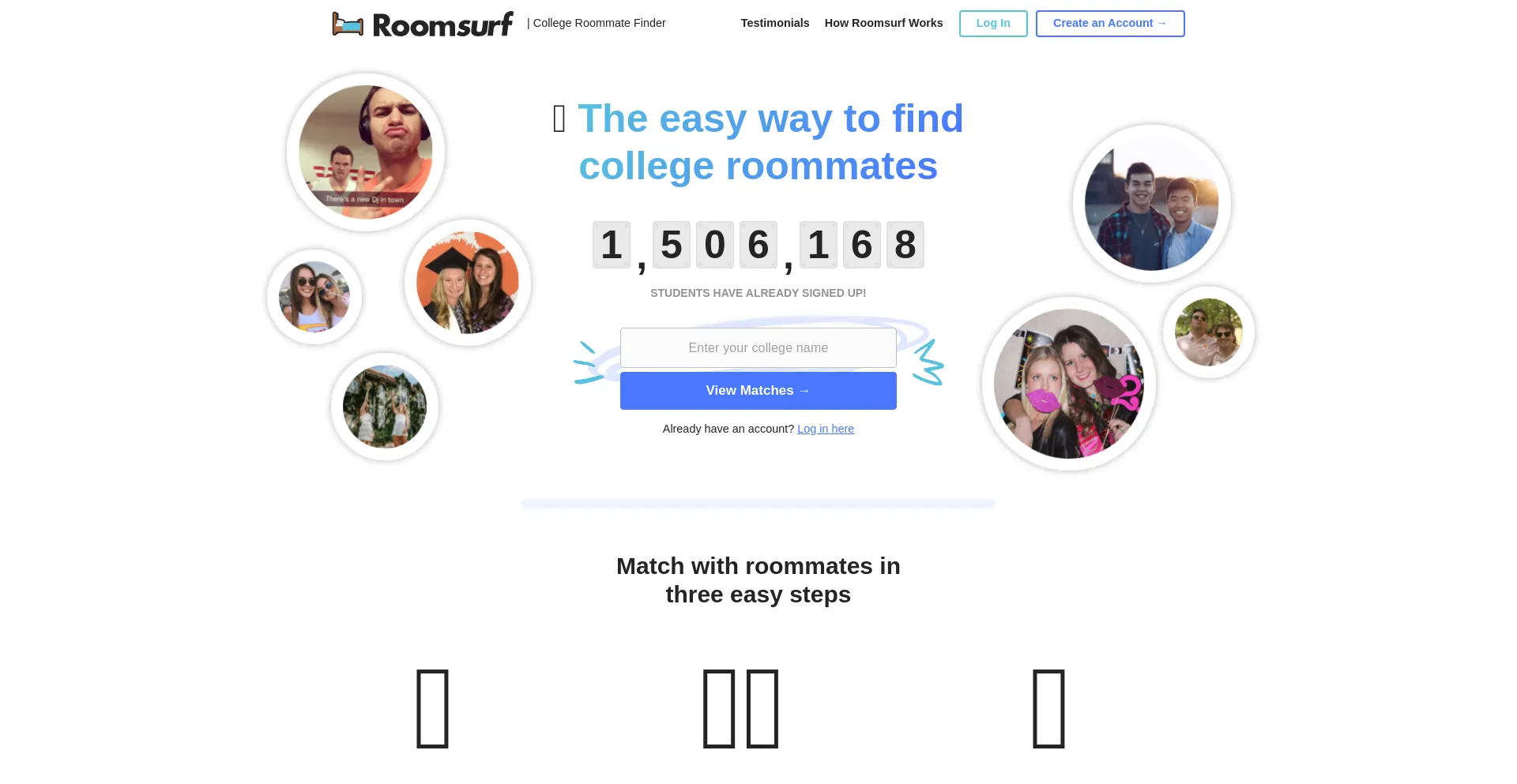 Screenshot of roomsurf.com homepage