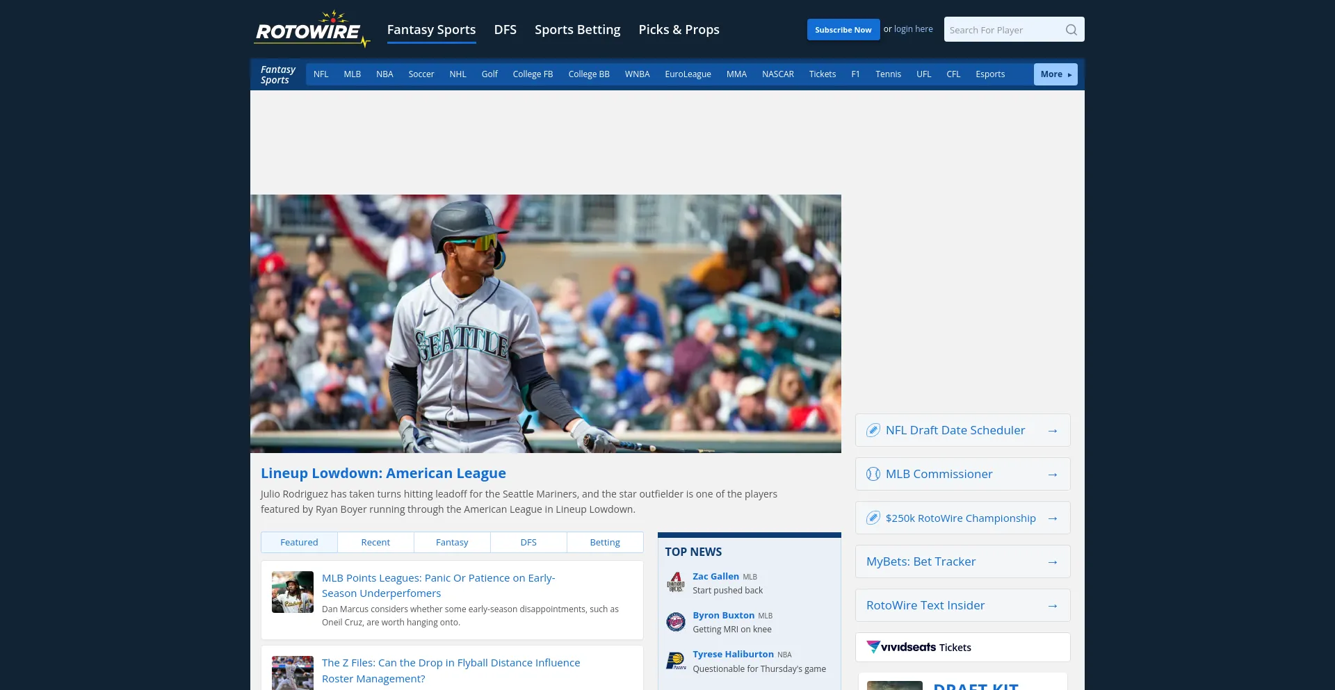 Screenshot of rotowire.com homepage