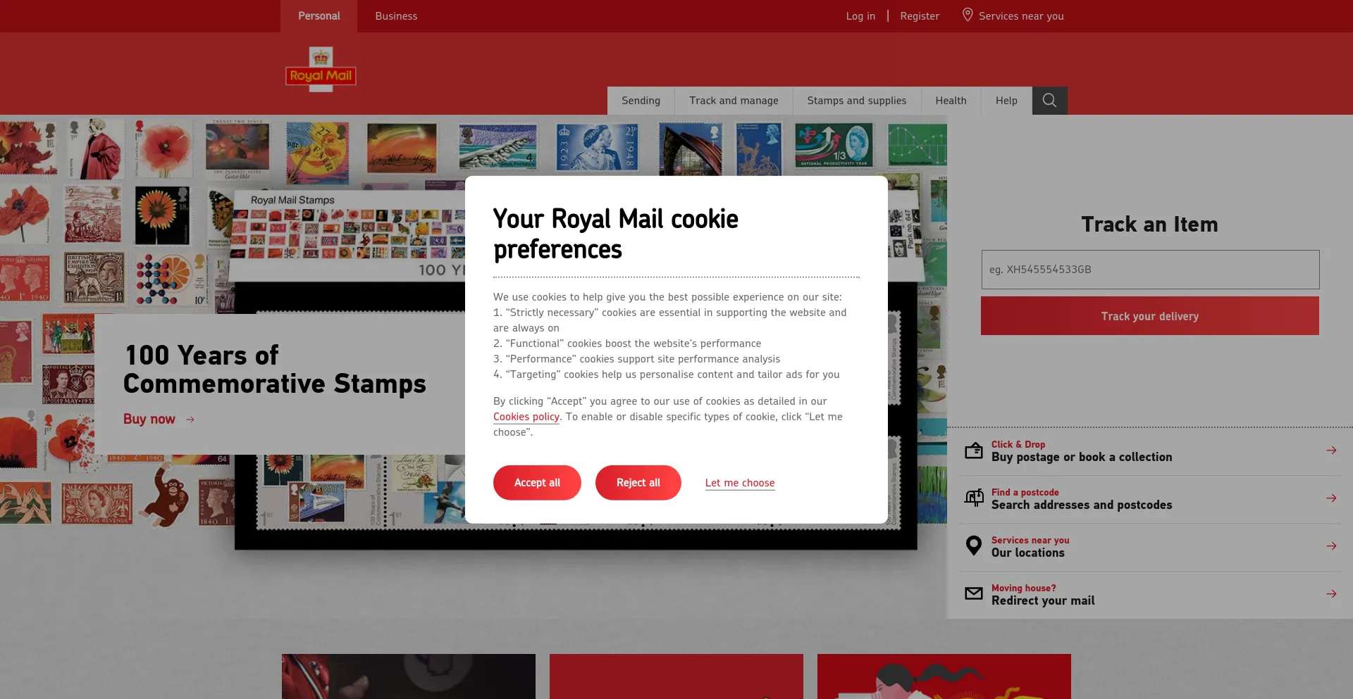 Screenshot of royalmail.com homepage