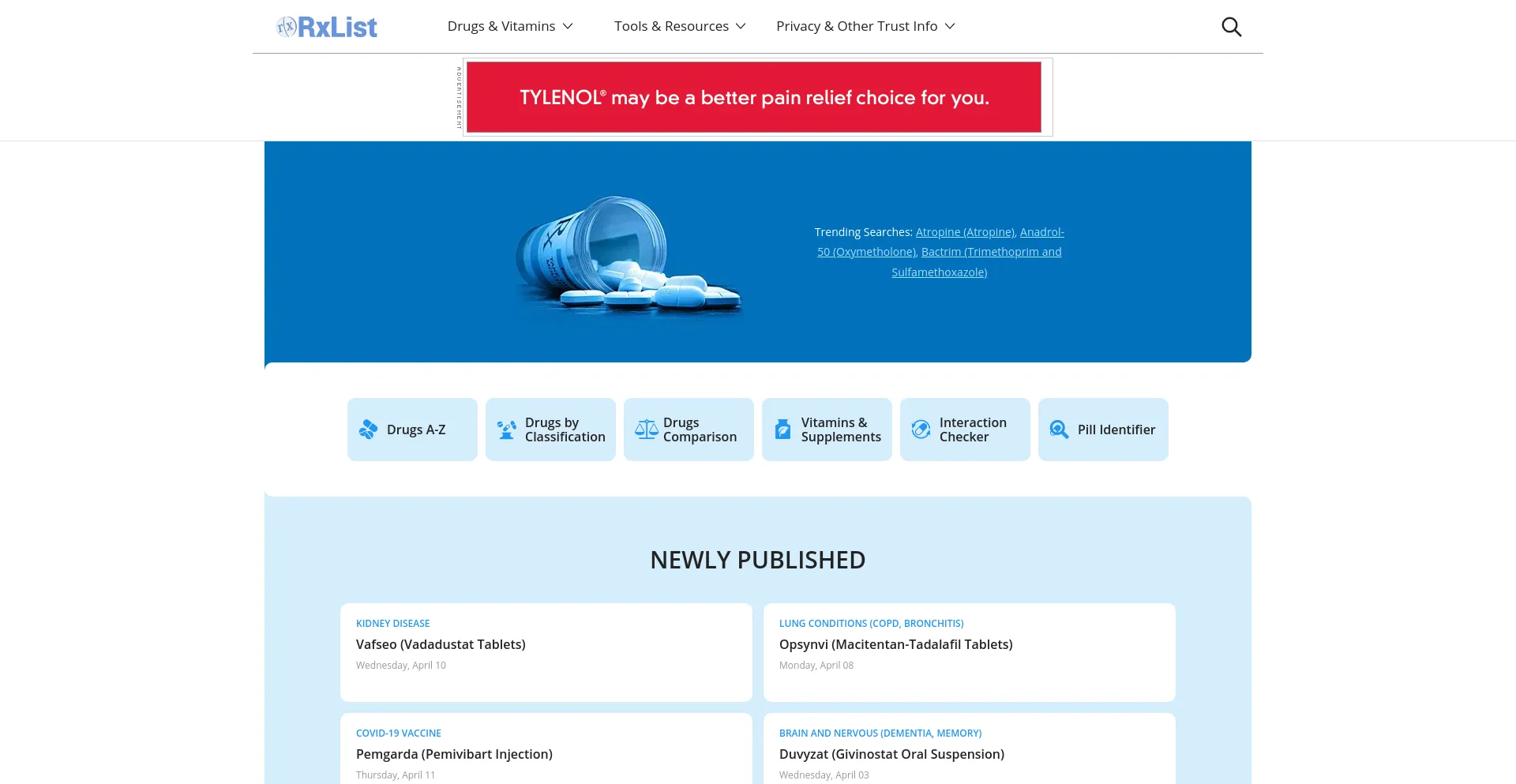 Screenshot of rxlist.com homepage