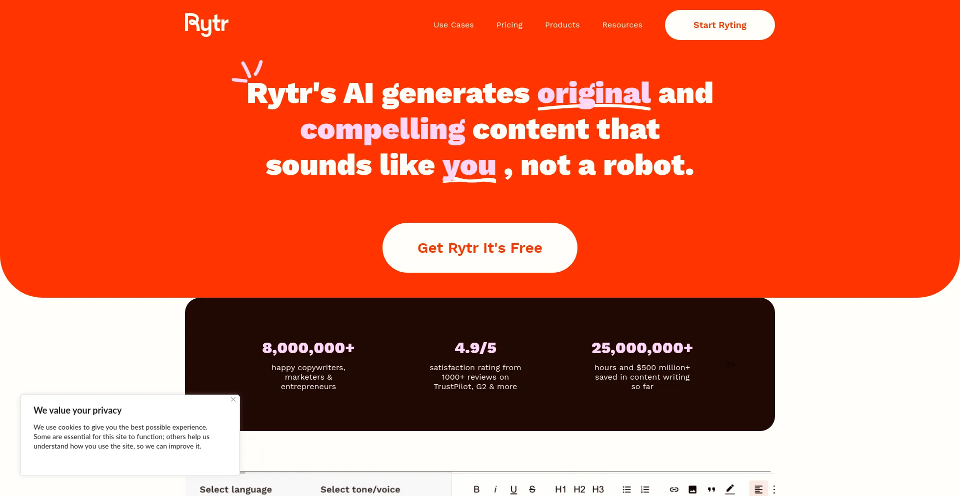 Screenshot of rytr.me homepage