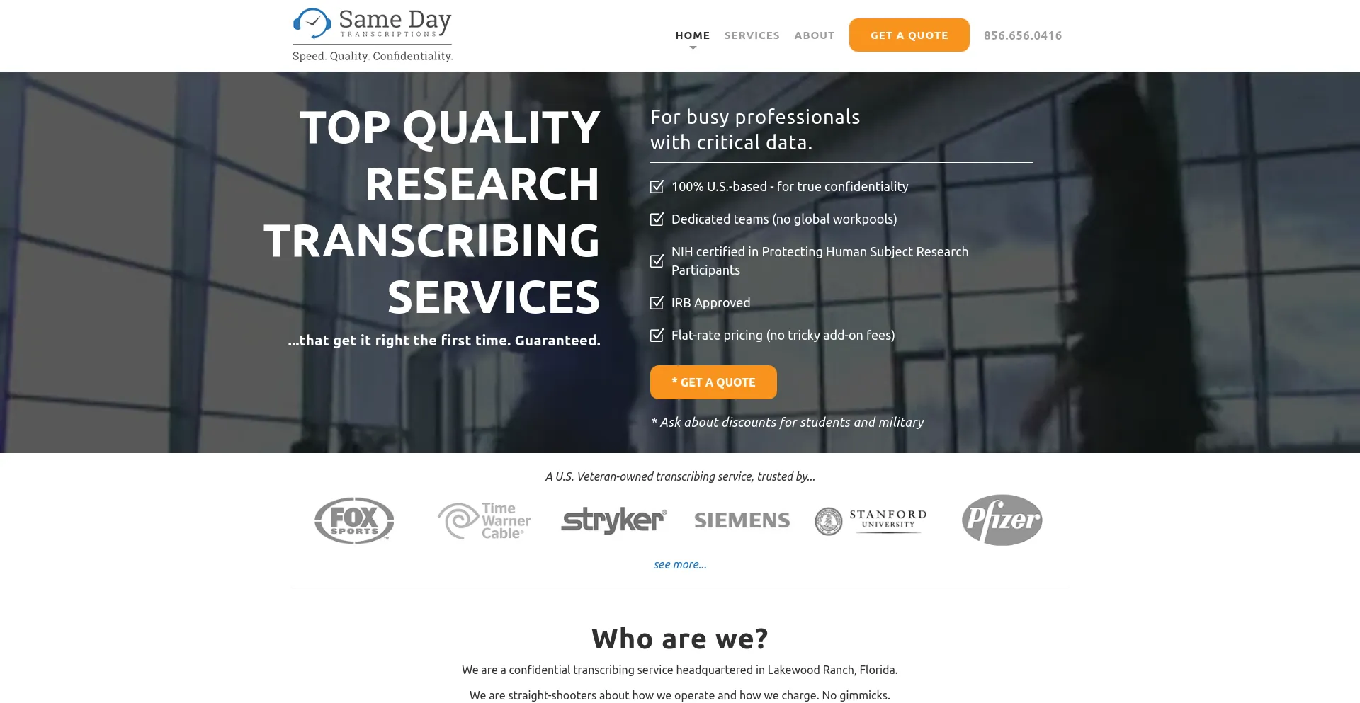 Screenshot of samedaytranscriptions.com homepage