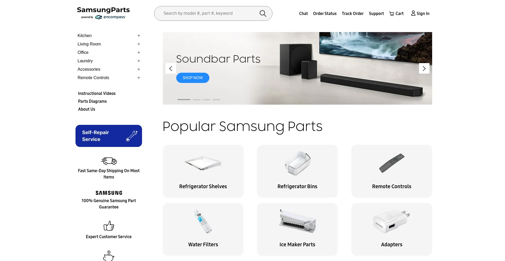 Screenshot of samsungparts.com homepage