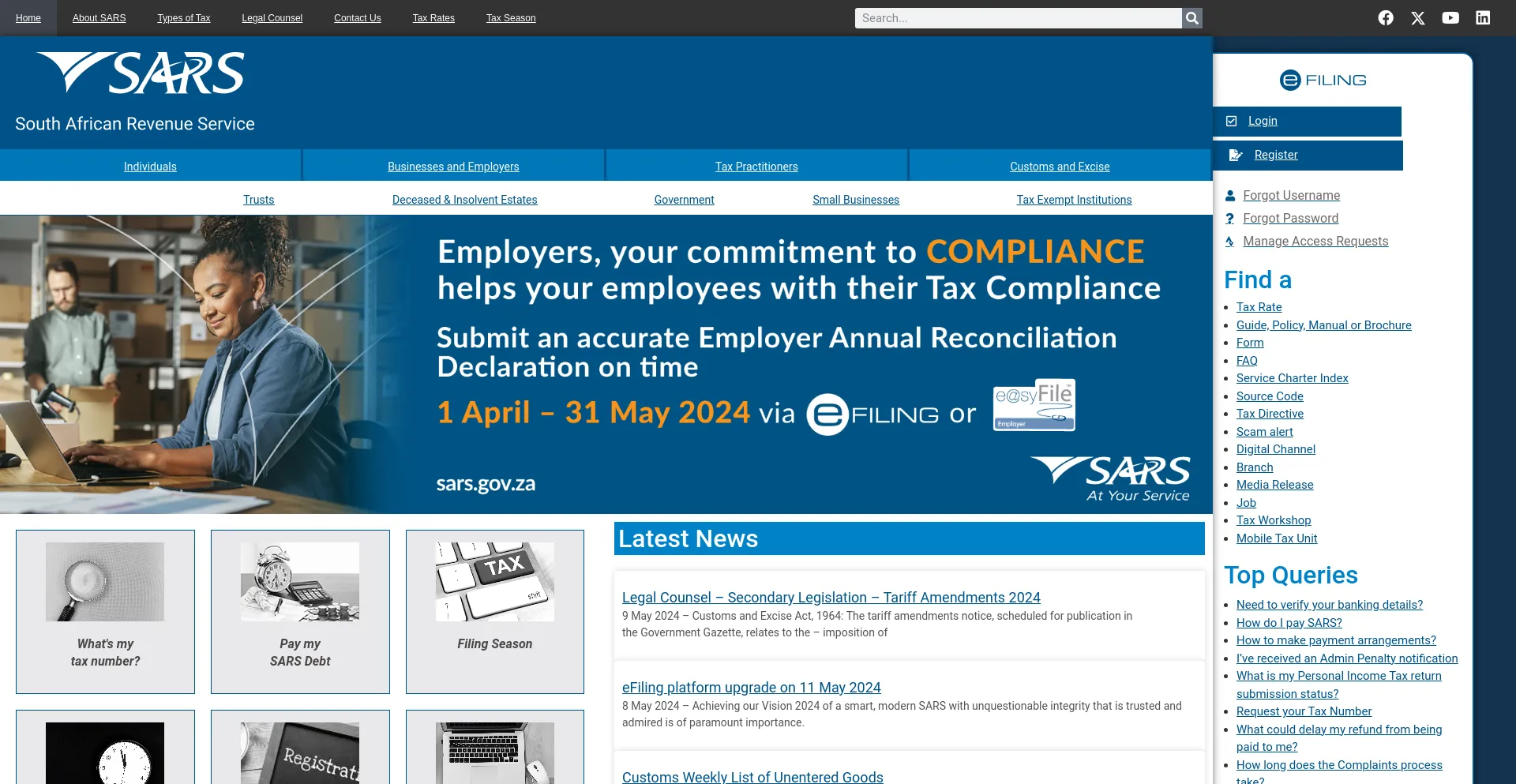 Screenshot of sars.gov.za homepage