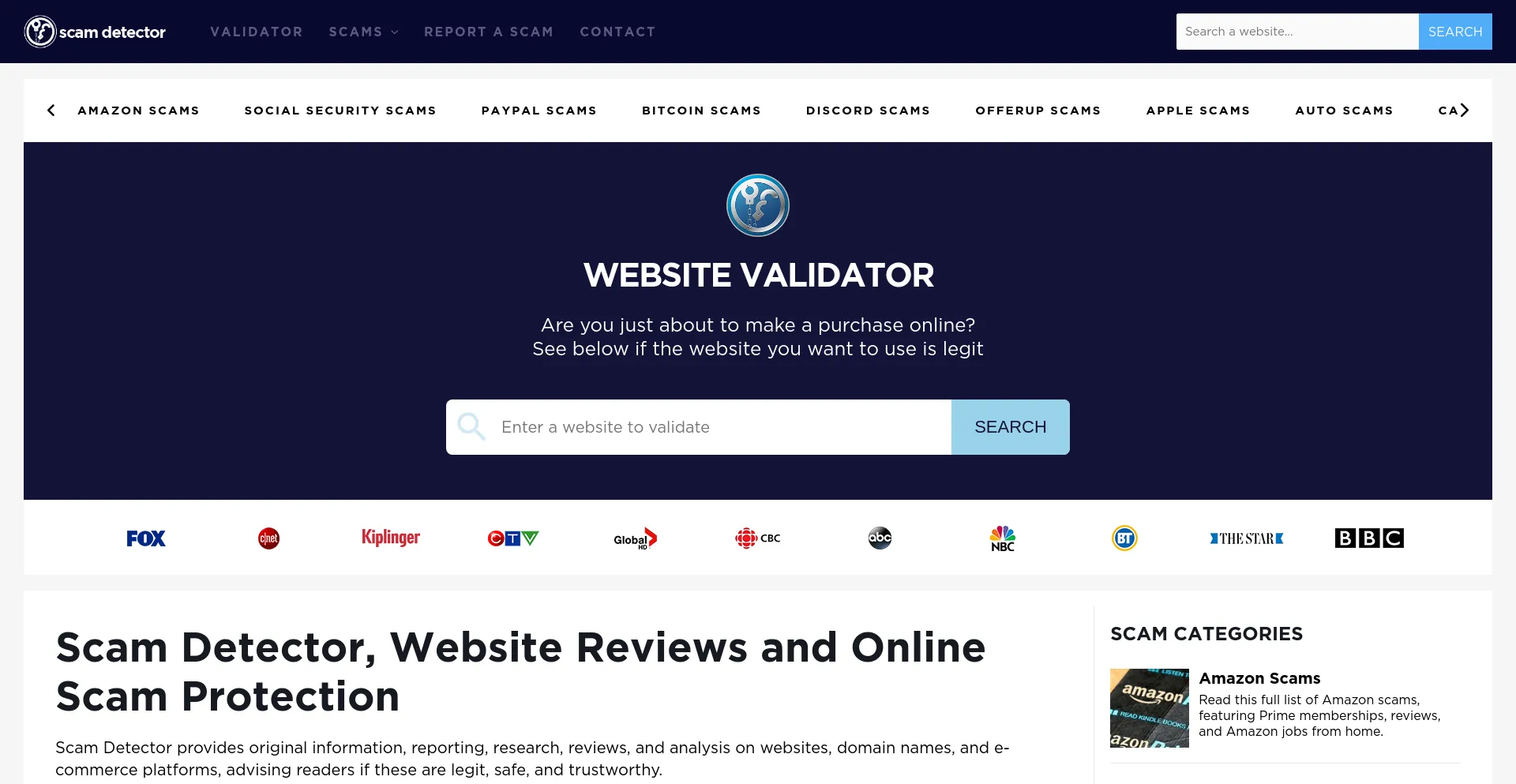 Screenshot of scam-detector.com homepage