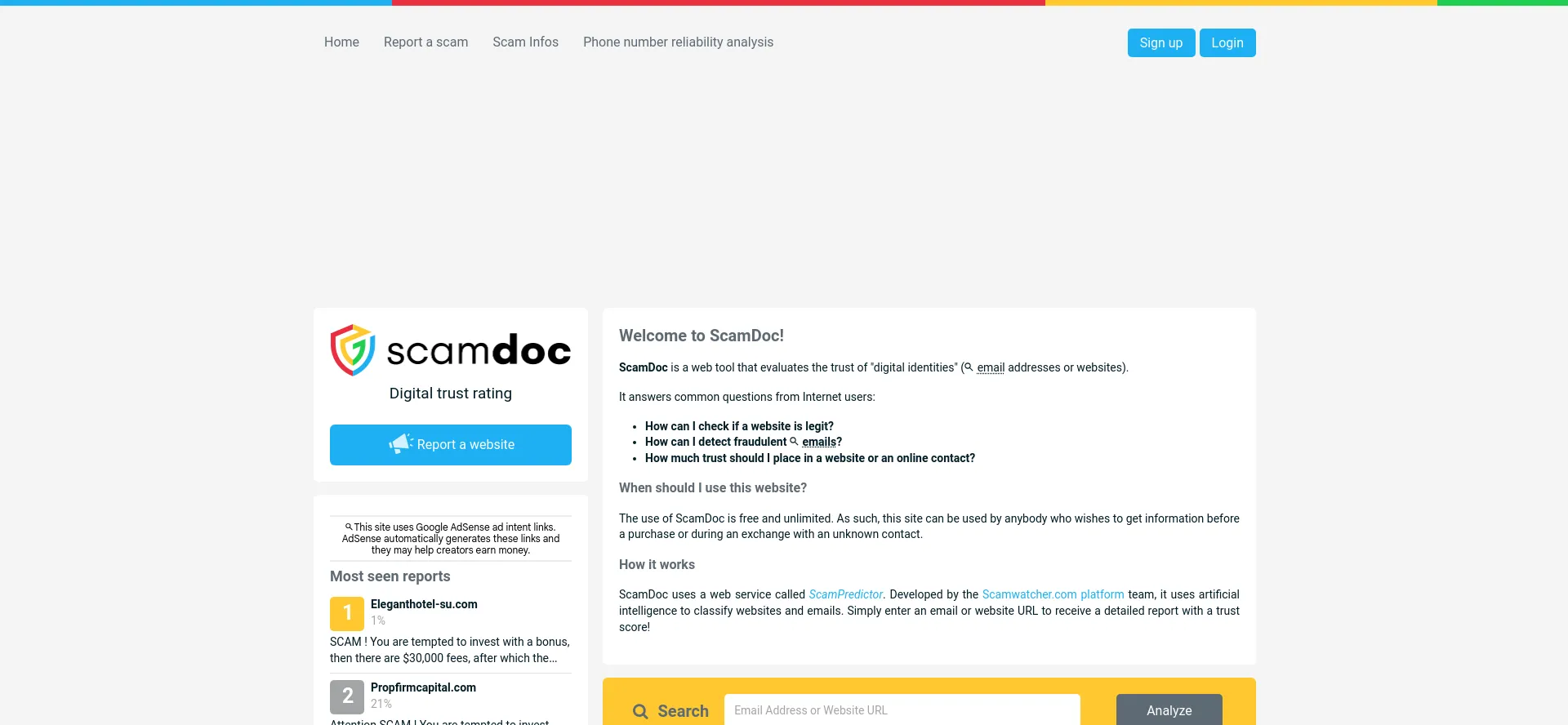 Screenshot of scamdoc.com homepage