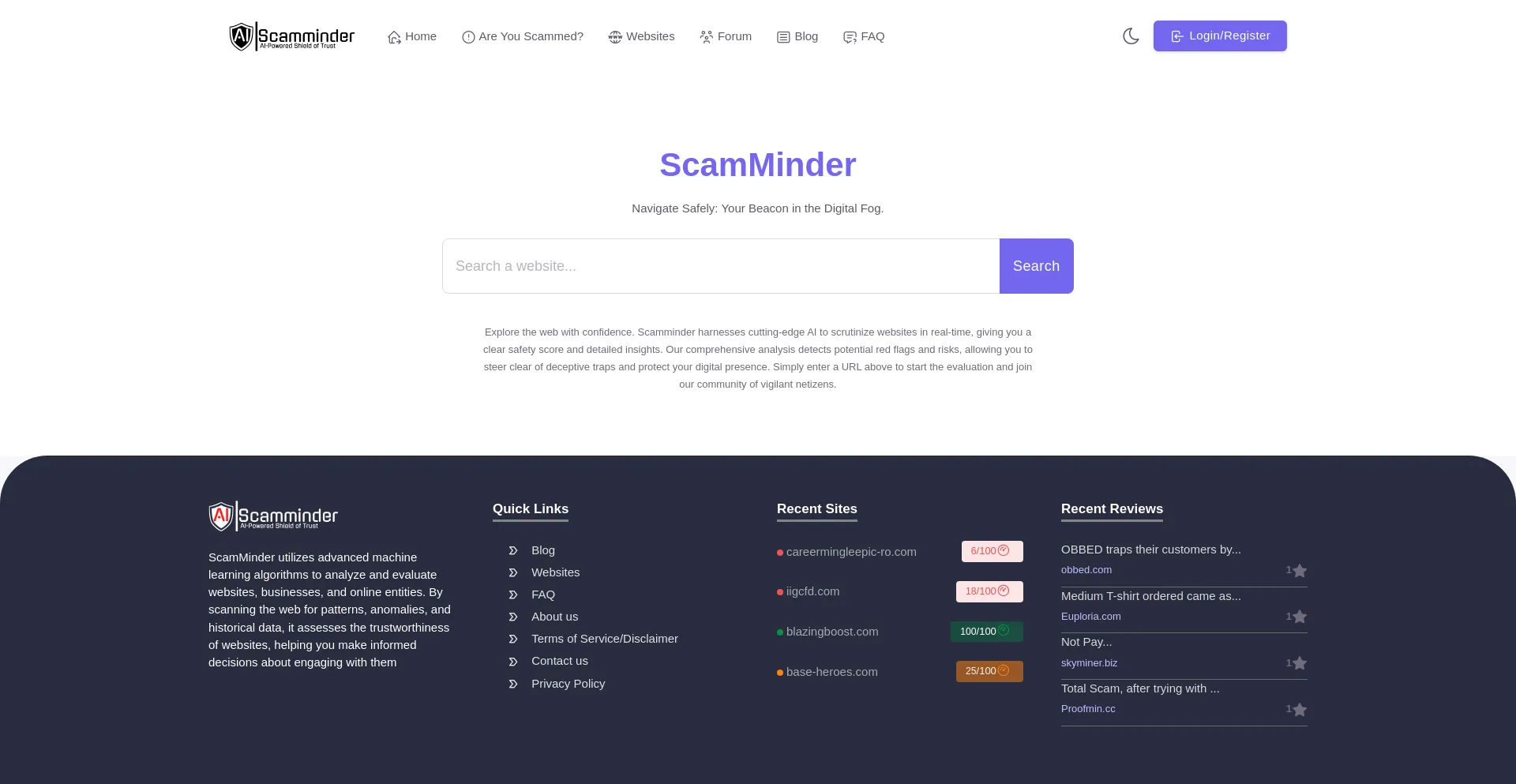 Screenshot of scamminder.com homepage