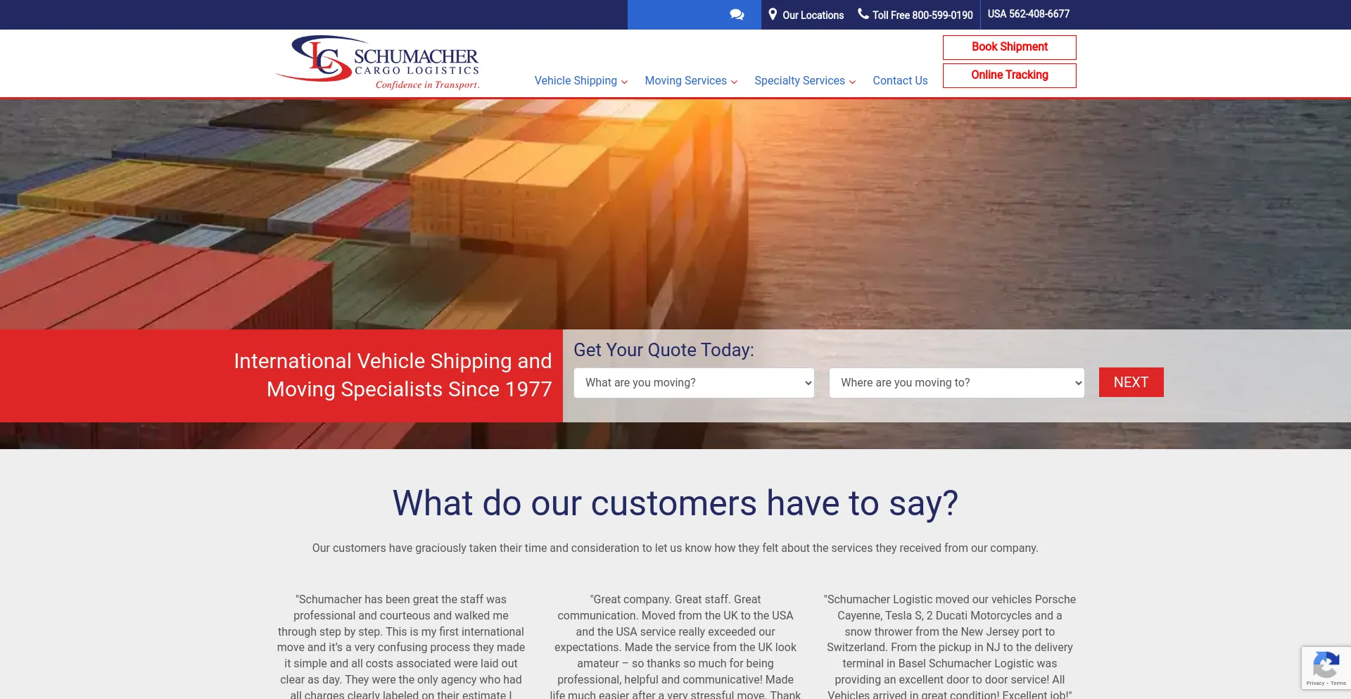 Screenshot of schumachercargo.com homepage