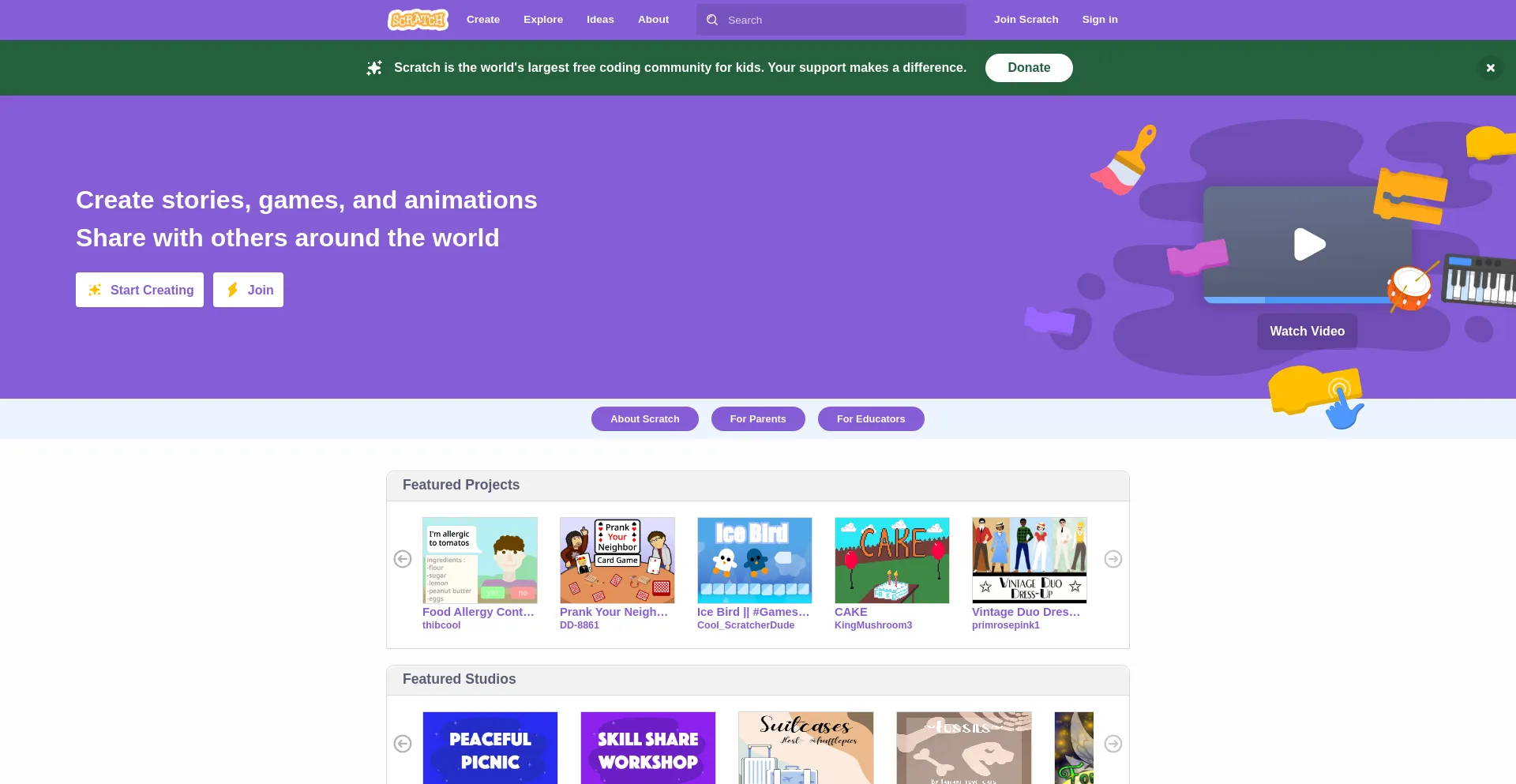 Screenshot of scratch.mit.edu homepage