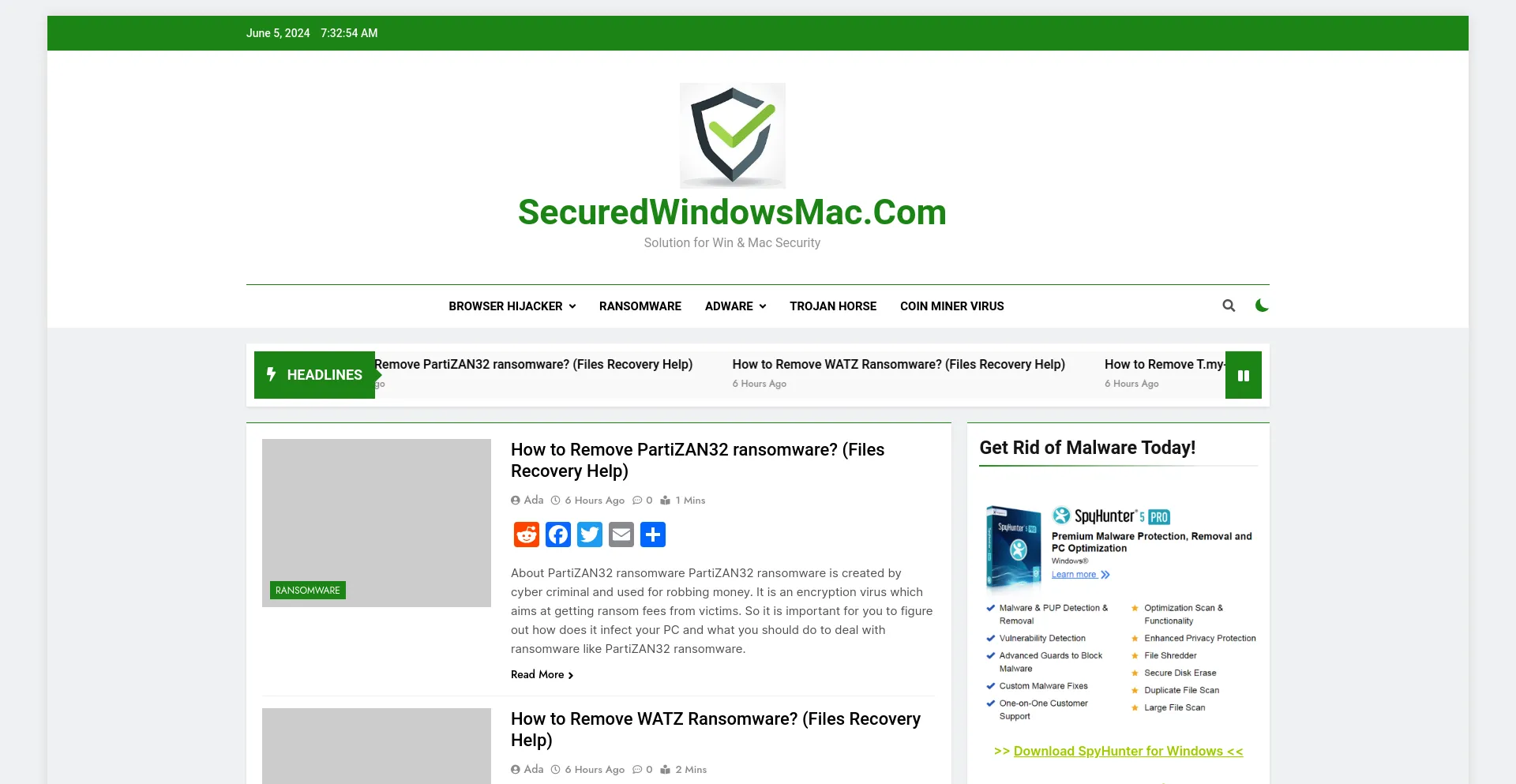 Screenshot of securedwindowsmac.com homepage