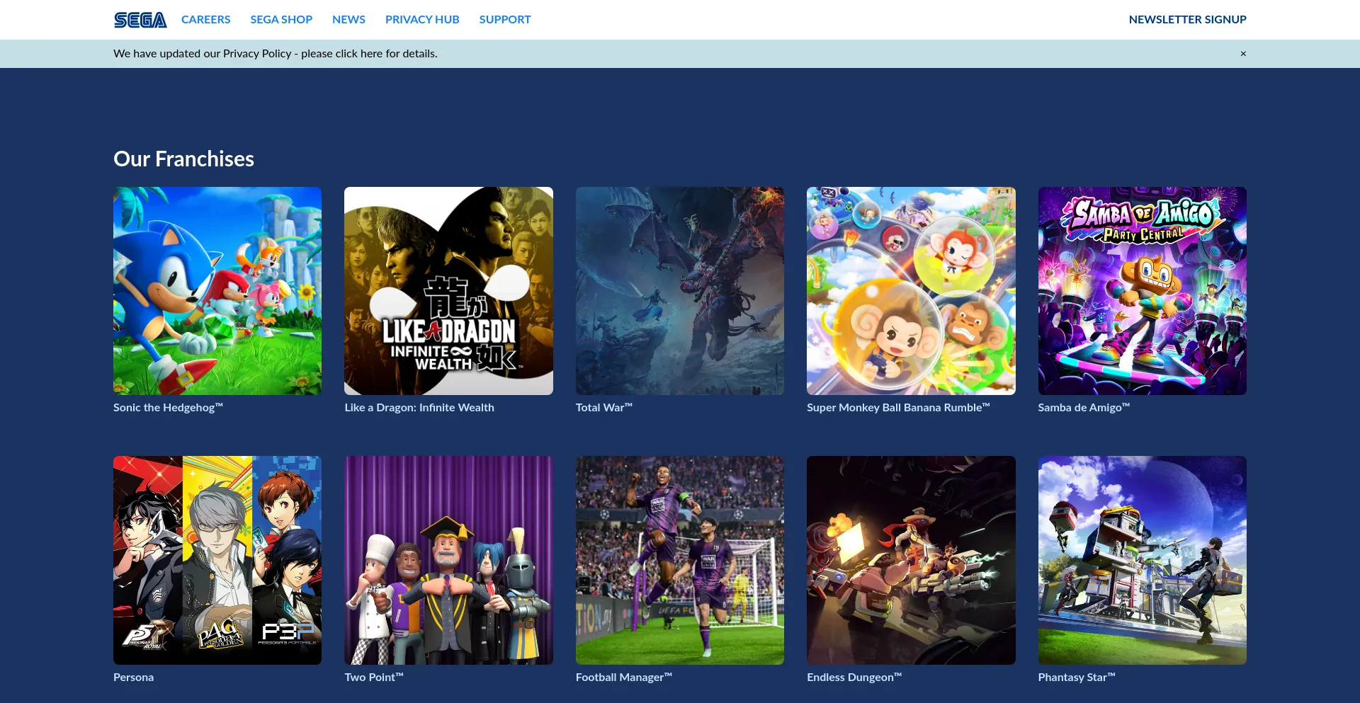 Screenshot of sega.com homepage