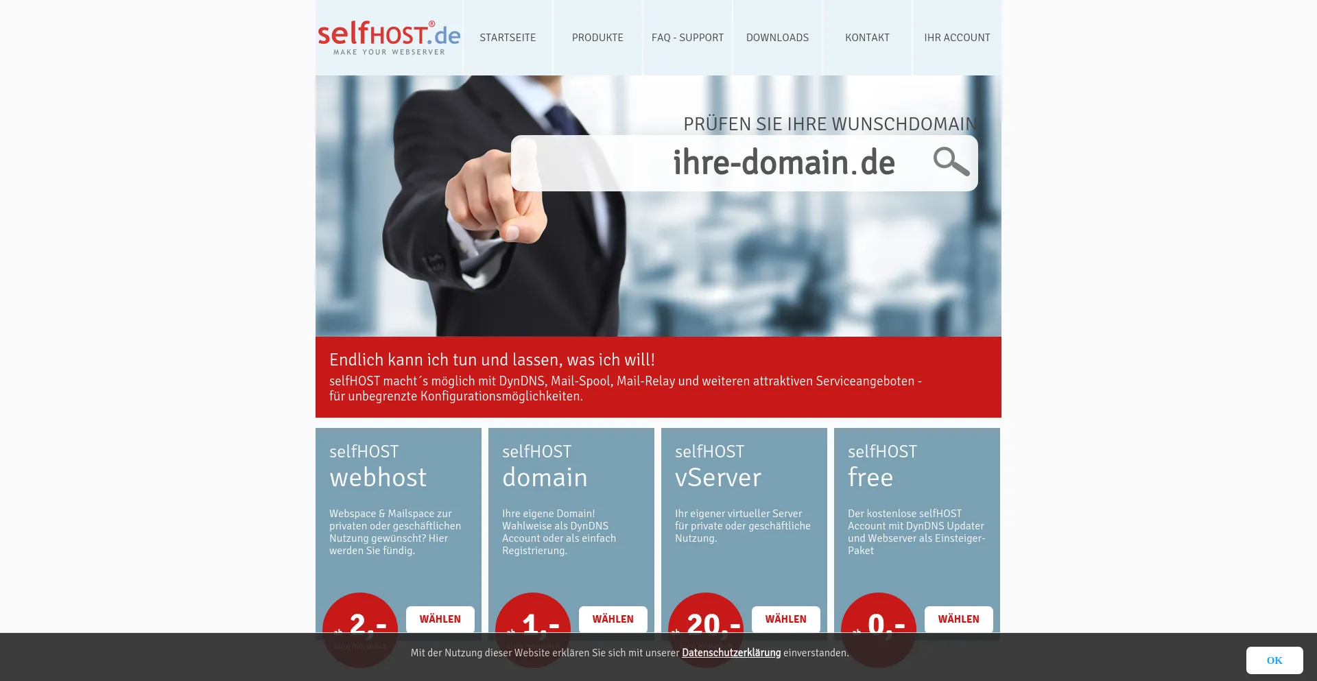 Screenshot of selfhost.eu homepage