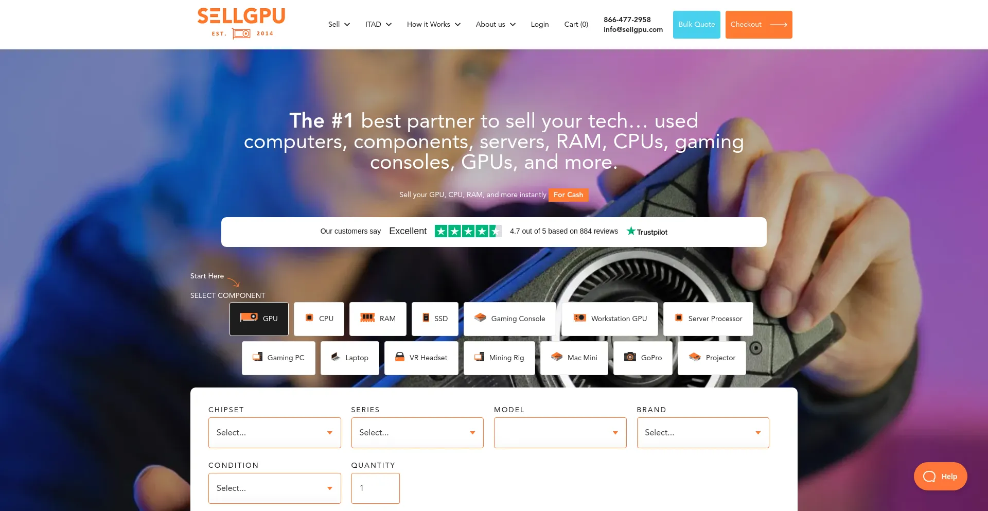 Screenshot of sellgpu.com homepage