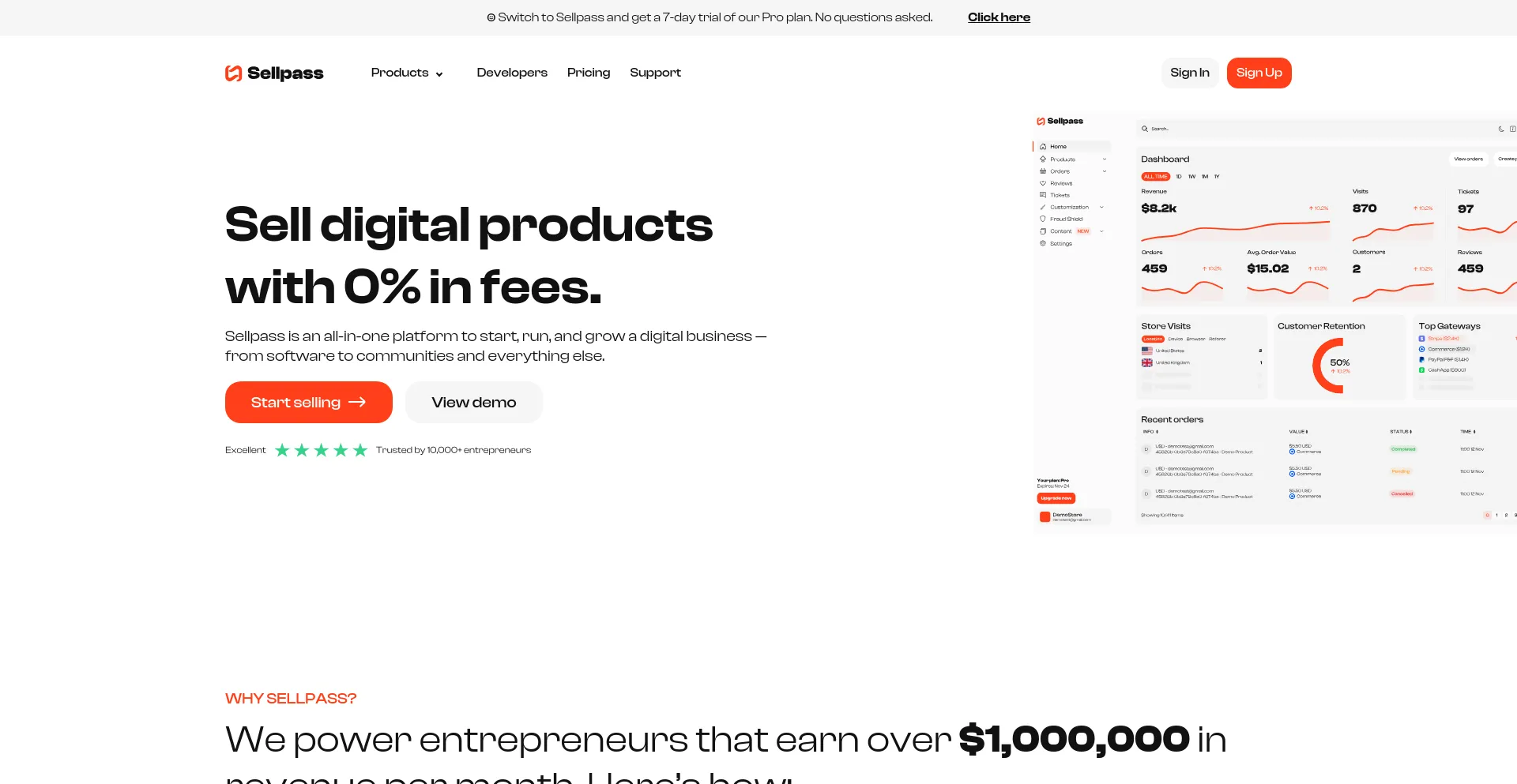 Screenshot of sellpass.io homepage