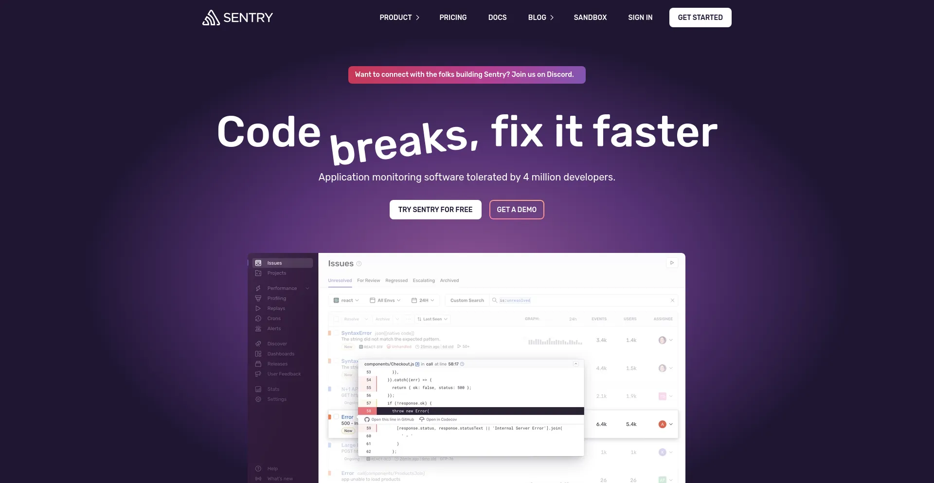 Screenshot of sentry.io homepage