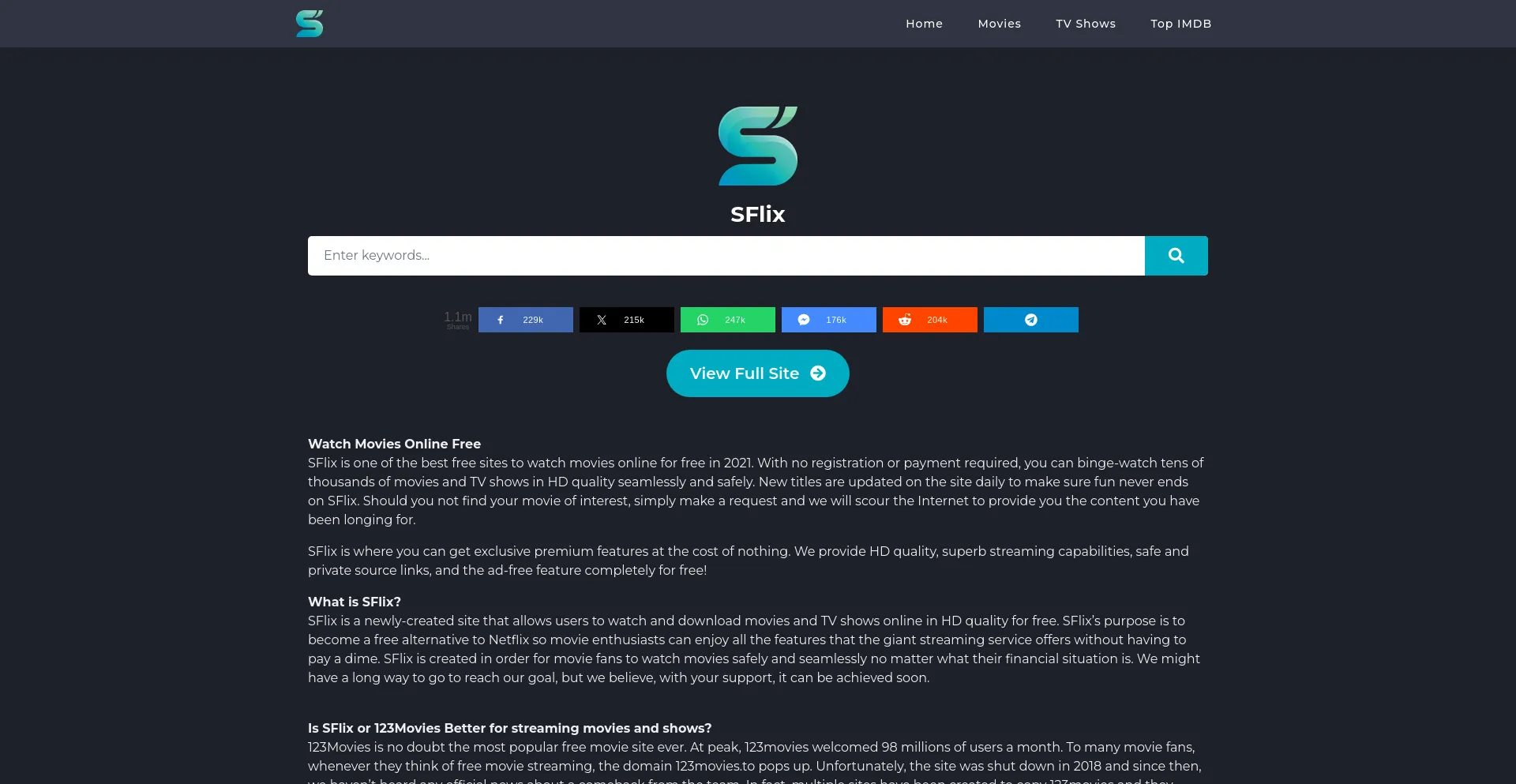 Screenshot of sflix.to homepage