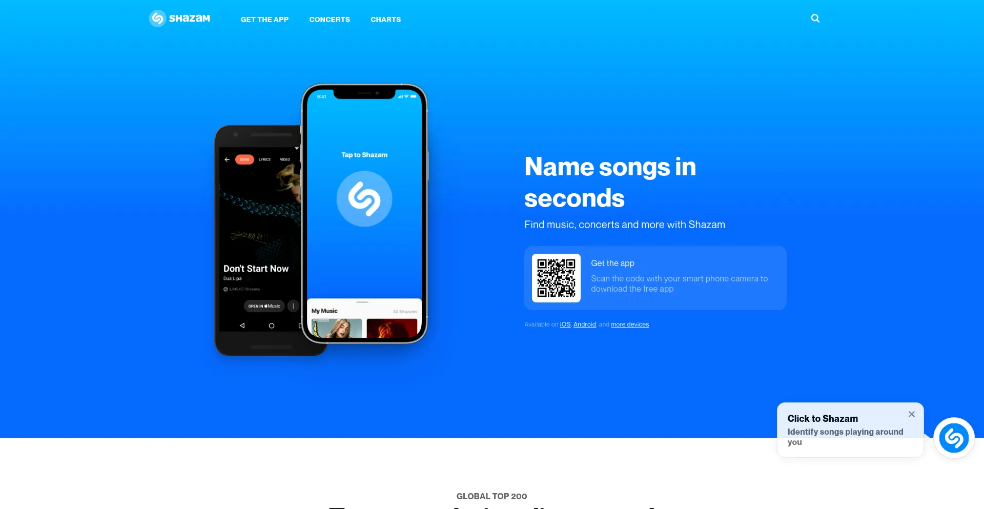 Screenshot of shazam.com homepage