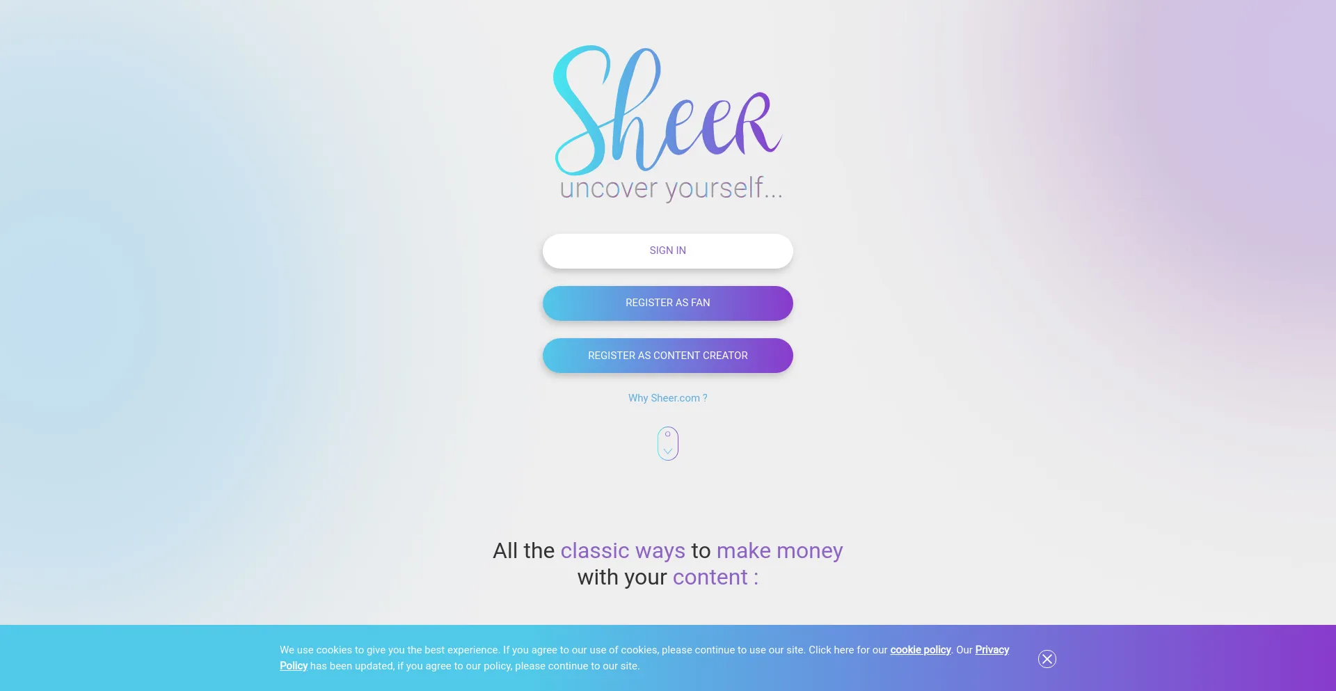 Screenshot of sheer.com homepage