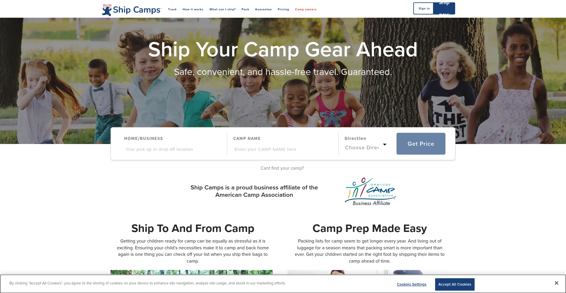 Screenshot of shipcamps.com homepage