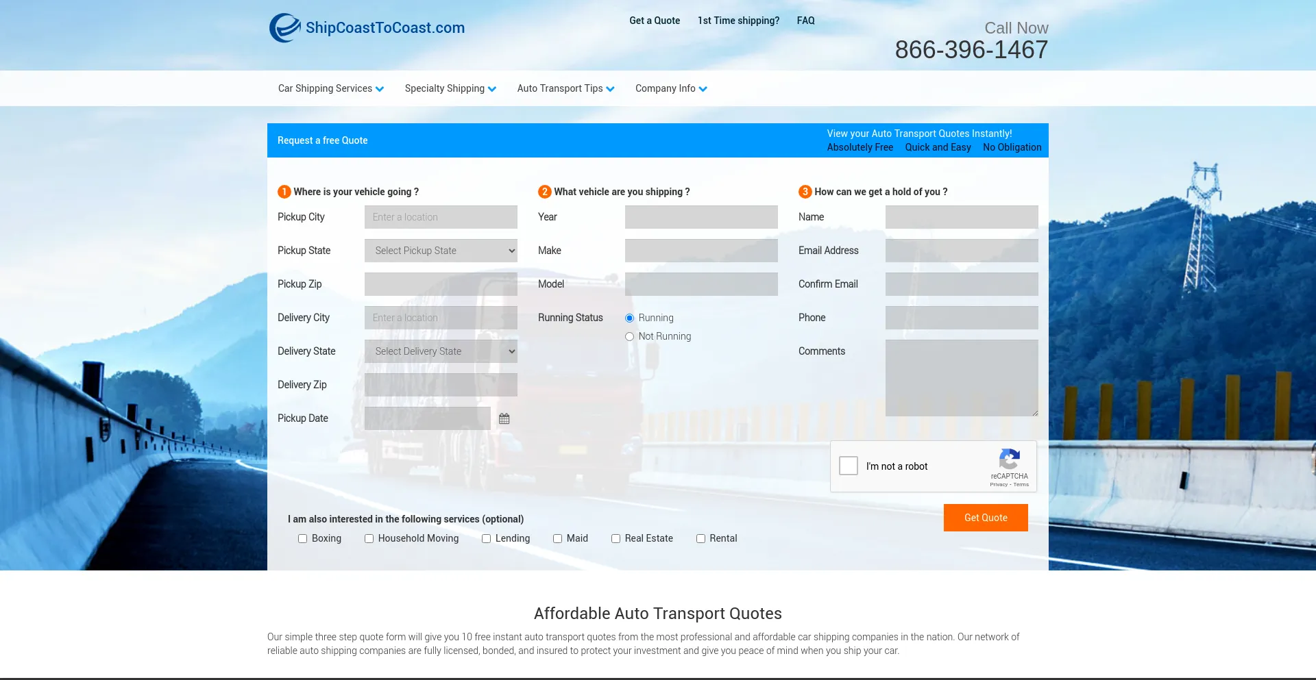 Screenshot of shipcoasttocoast.com homepage