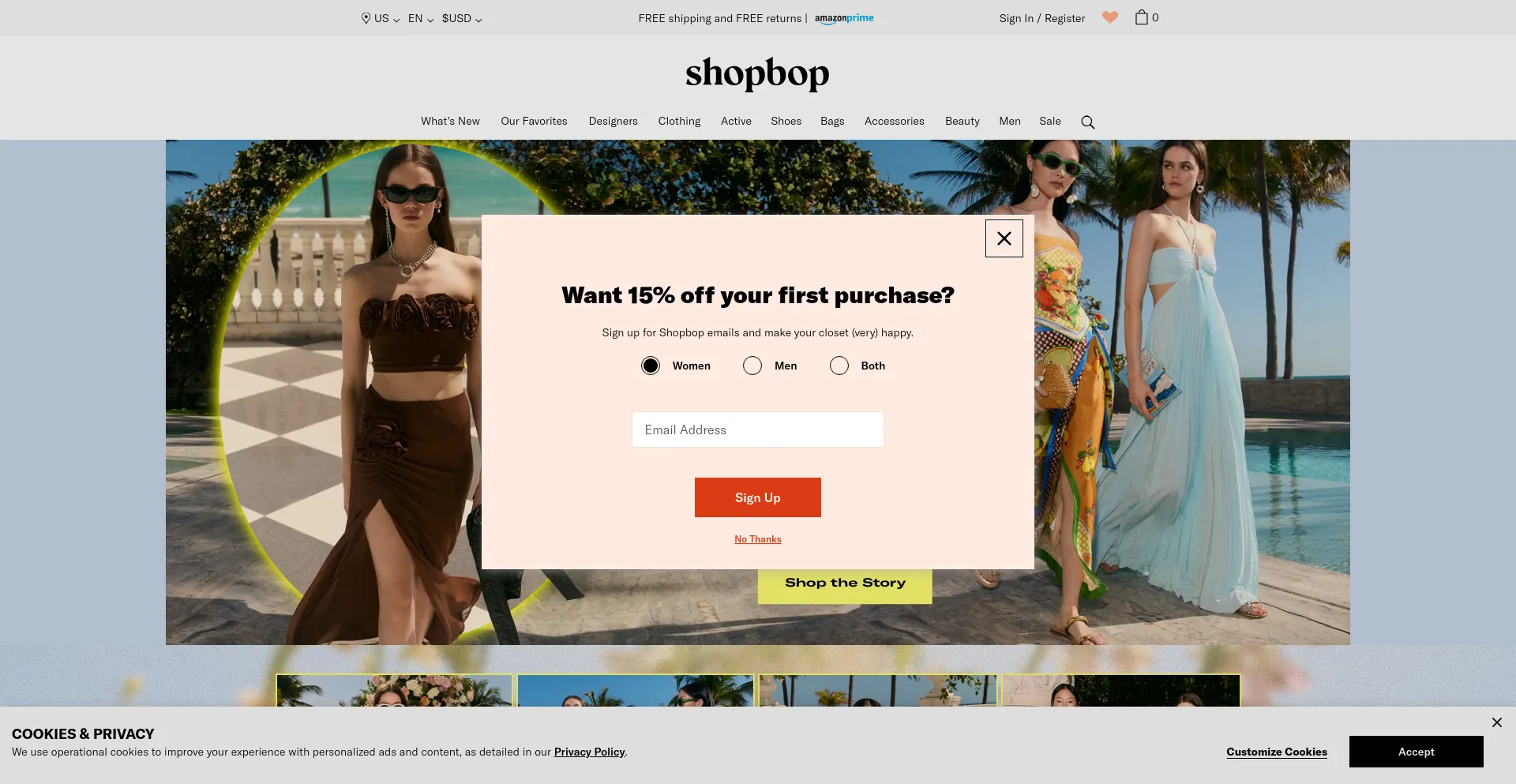 Screenshot of shopbop.com homepage